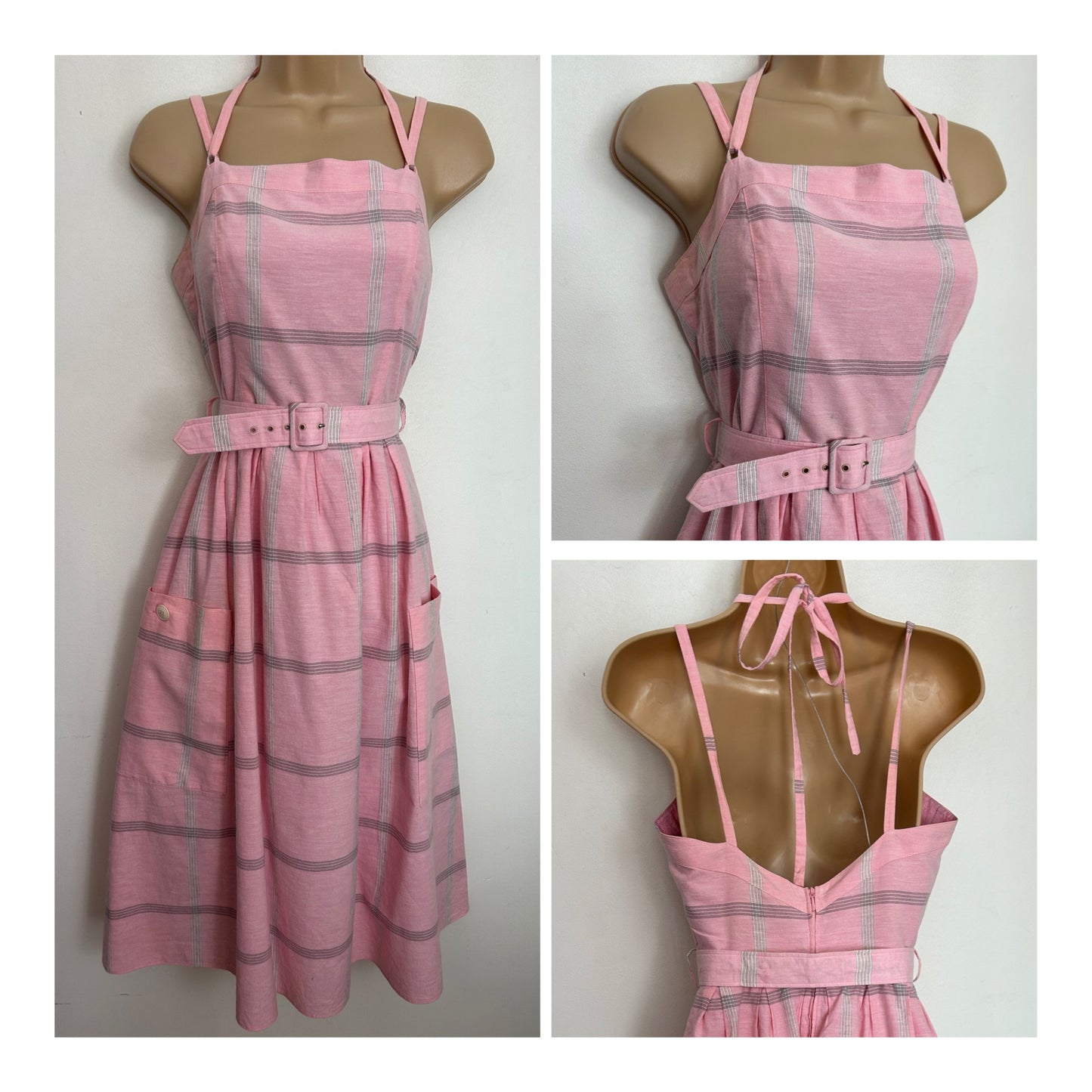 Vintage 1980s UK Size 8 BETTY BARCLAY Pink & Grey Check Print Cotton Strappy Belted Pleated Summer Dress