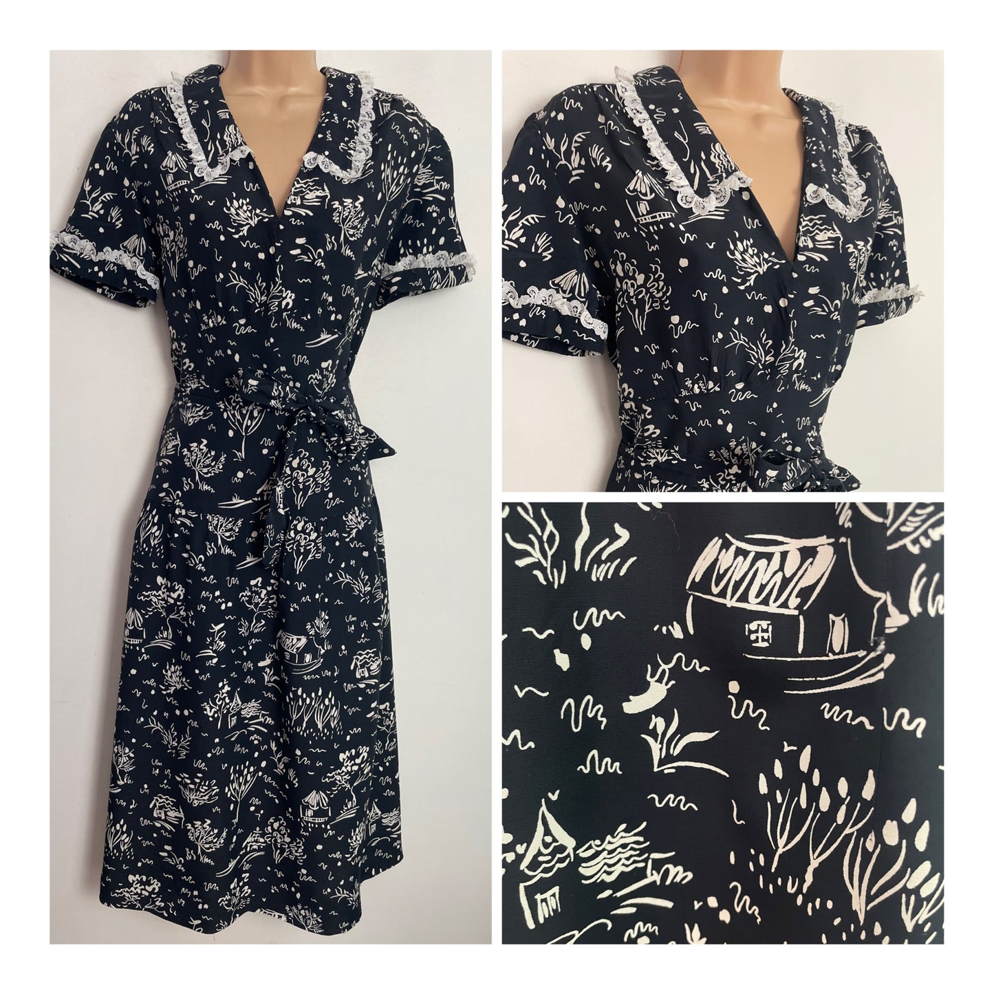 Vintage 1970s Approx UK Size 14 Black & White Forest Huts Print 1940 STYLE Belted Day Dress