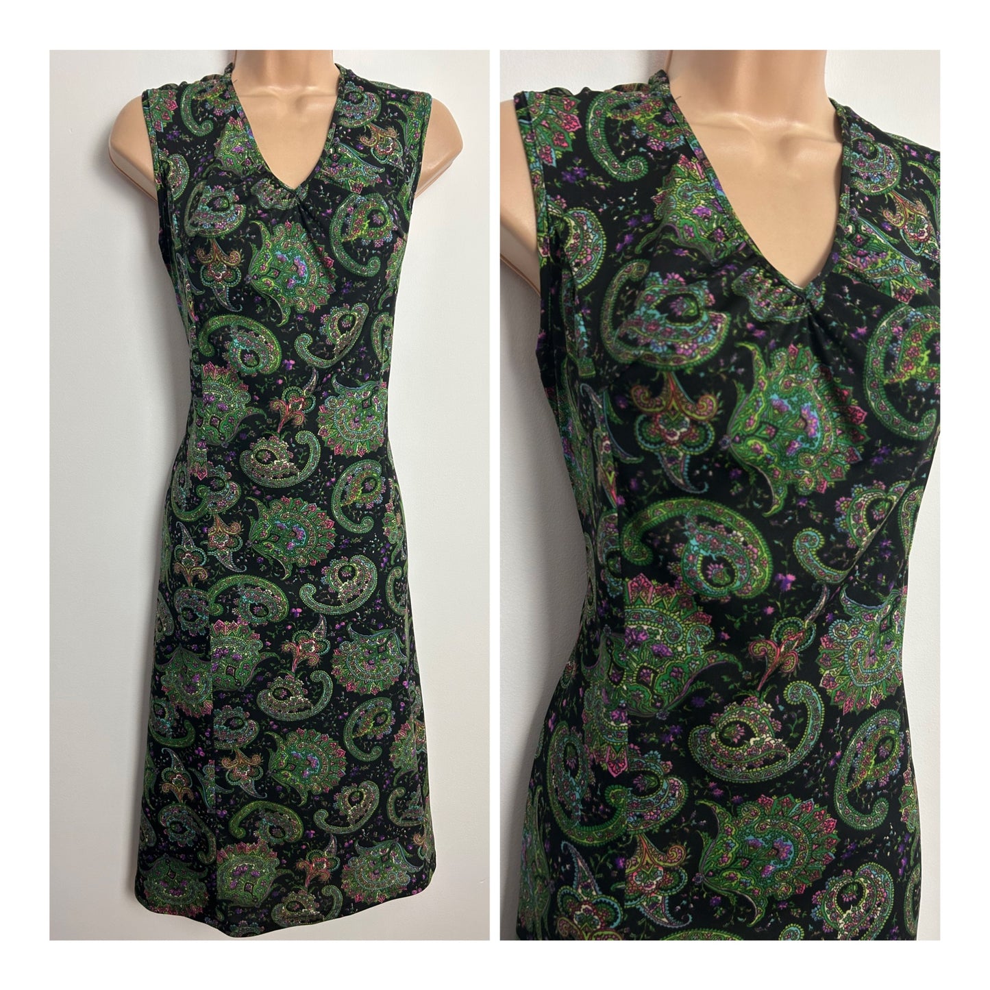 Vintage 1970s UK Size 12 Black & Green Nouveau Inspired Scarf Print Sleeveless Mod Shift Dress