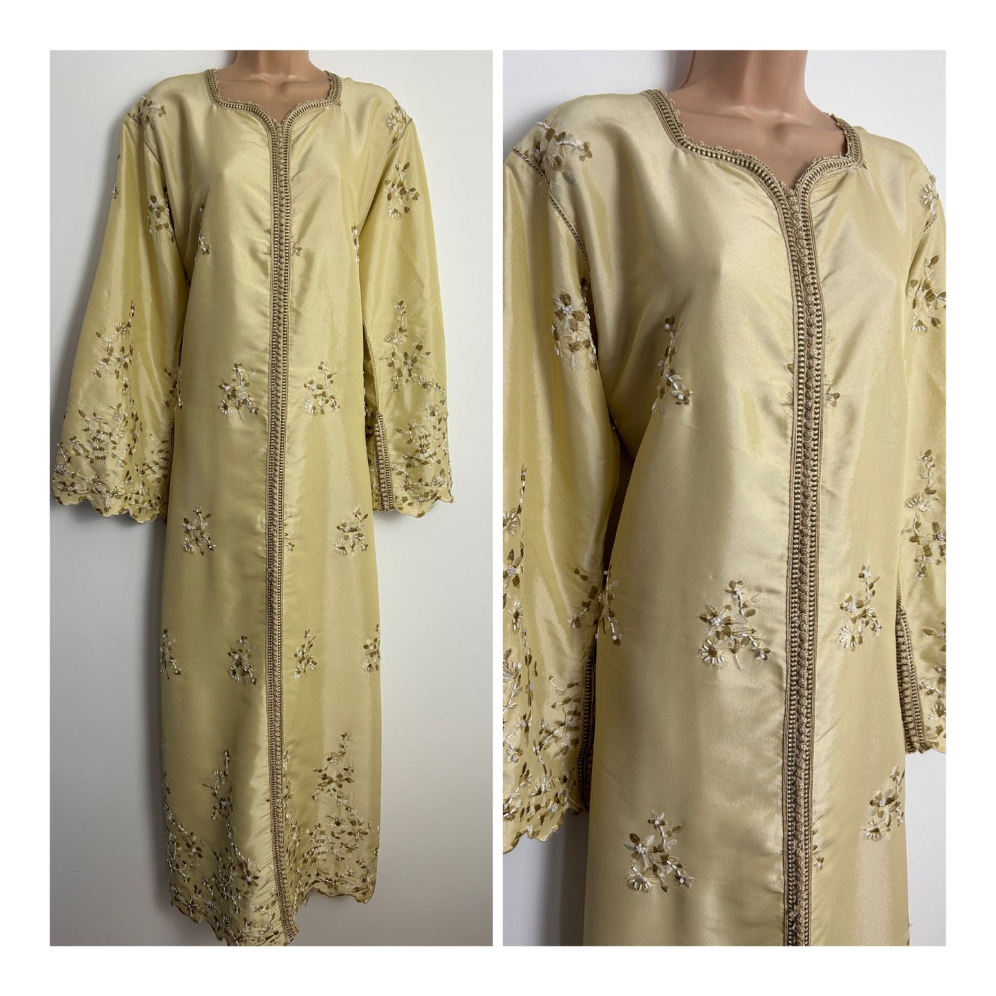 Vintage Beautiful Cream Sateen Embroidered & Bead Detail Long Sleeve Scallop Hem One Size Up To 16-18 Kaftan