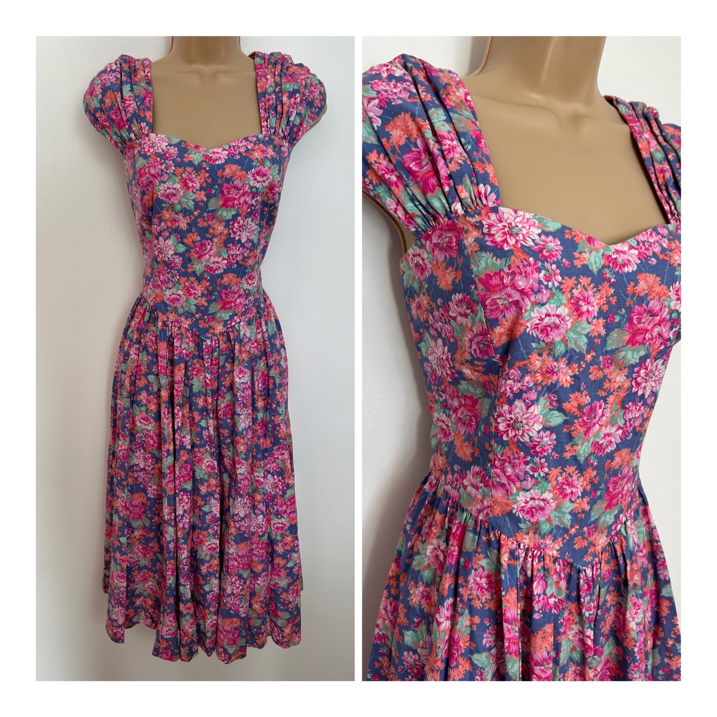 Vintage 1980s LAURA ASHLEY UK Size 10 (Lablled UK Size 14) Pink Blue & Coral Floral Print Cotton Summer Dress