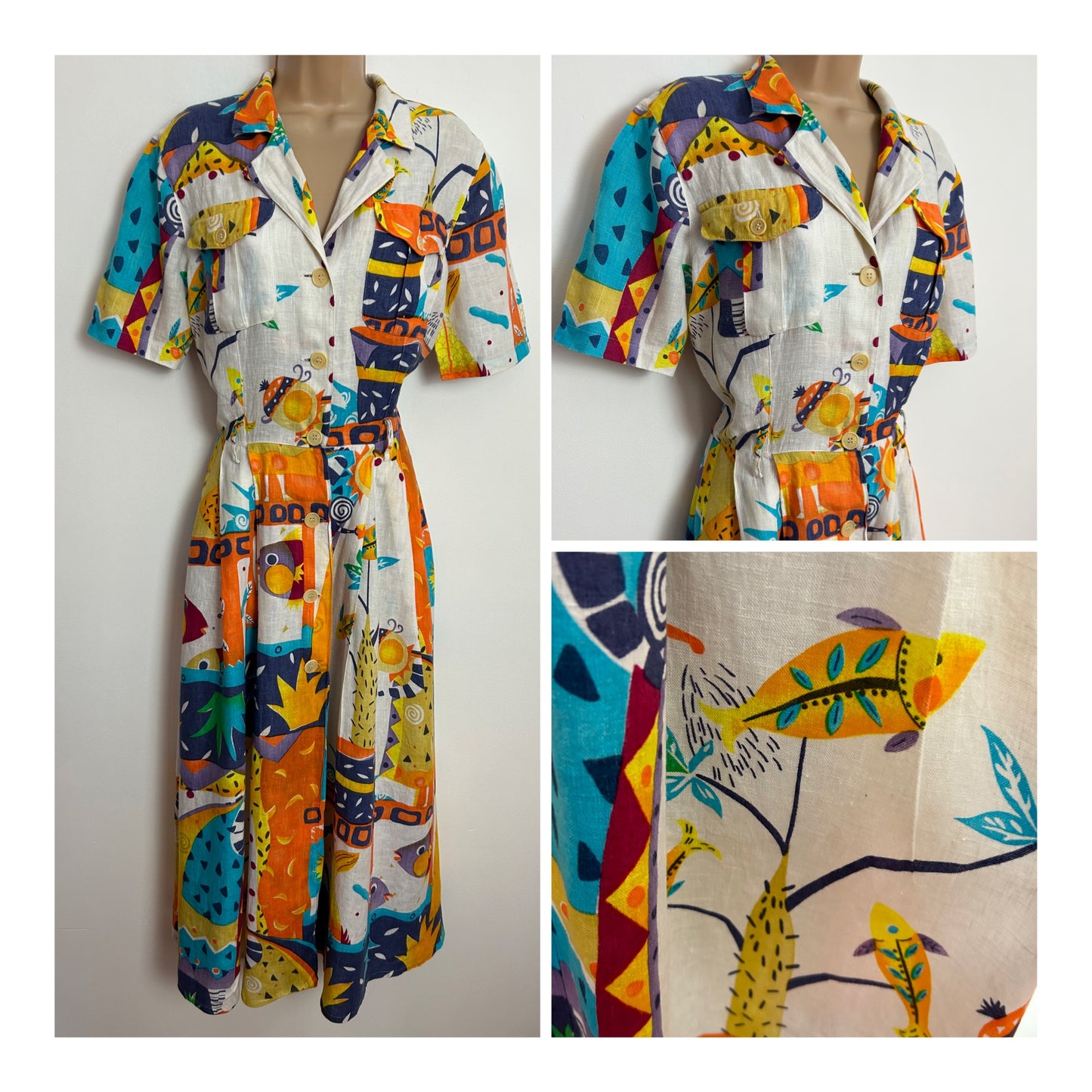 Vintage 1990s IGI & IGI Italian 100% Linen Approx UK Size 10 White Orange Blue & Yellow Abstract Print Button Through Midi Dress