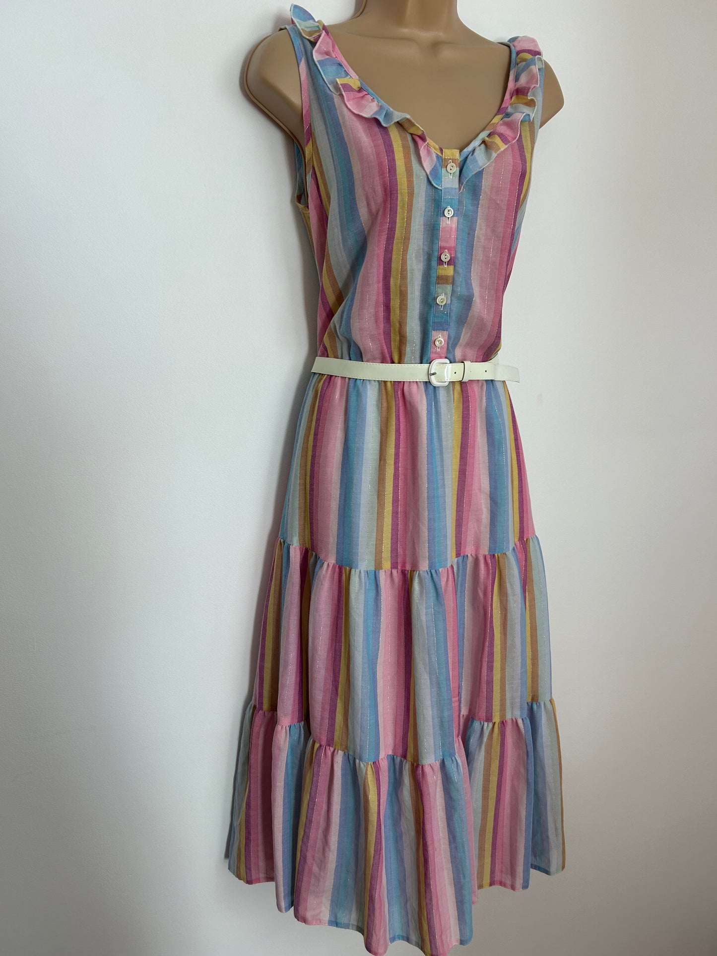 Vintage Early 1980s UK Size 12 Cute Pink Blue Yellow & Gold Stripe Print Belted Ruffle Trim Tiered Summer Day Dress