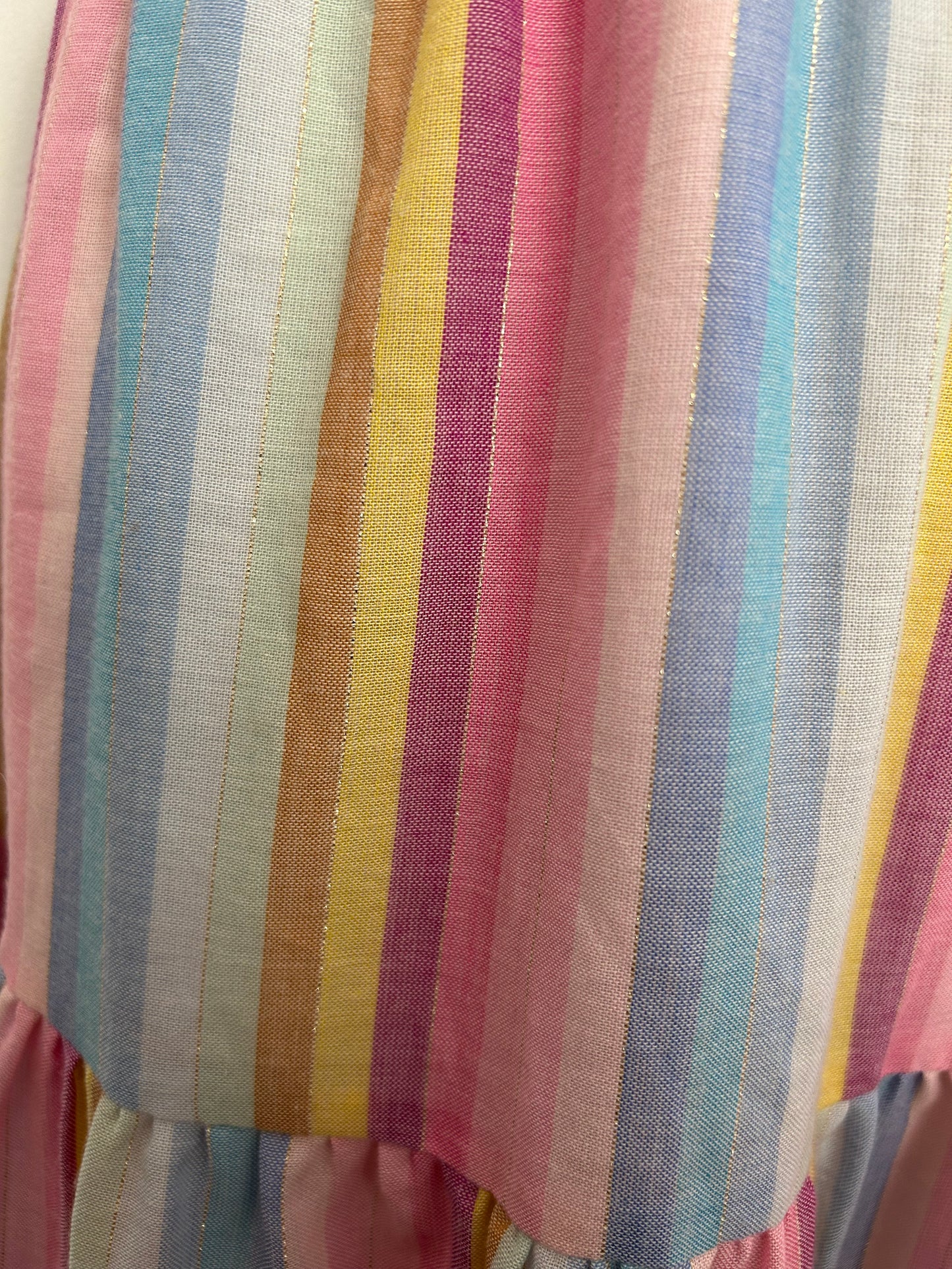 Vintage Early 1980s UK Size 12 Cute Pink Blue Yellow & Gold Stripe Print Belted Ruffle Trim Tiered Summer Day Dress