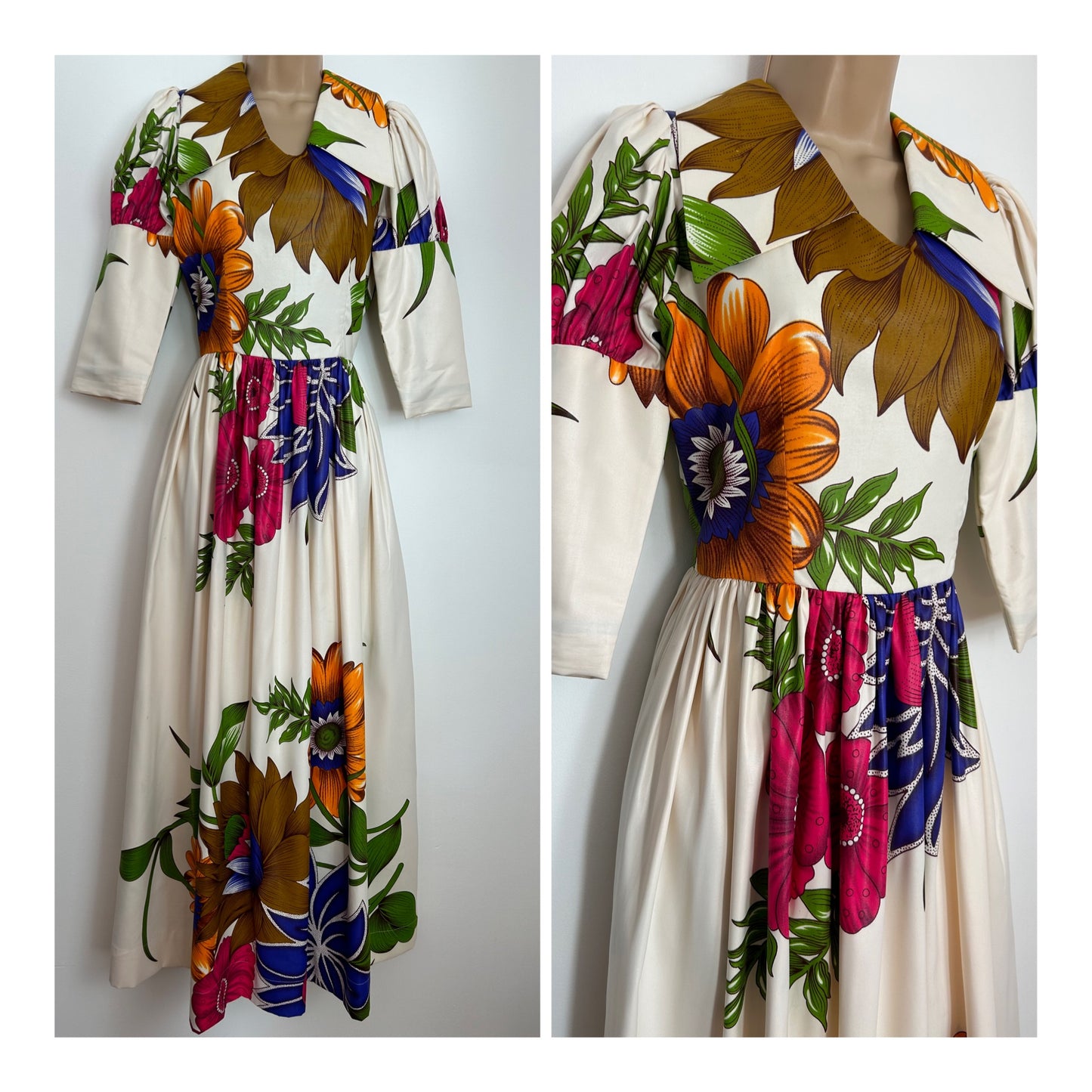 Homemade Ankara Supreme Wax UK Size 10 Cream Brown Orange Pink & Blue Bold Floral Print Maxi Dress