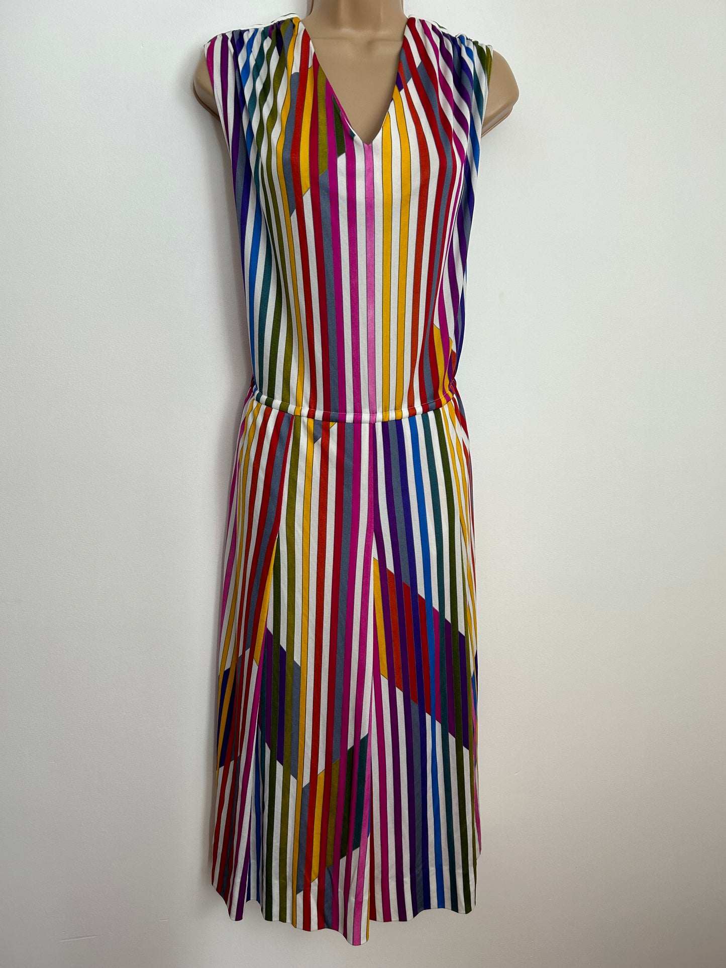 Vintage 1980s UK Size 16 Cute Rainbow Stripe Print Sleeveless Pleated Day Dress By Sommerfeldt