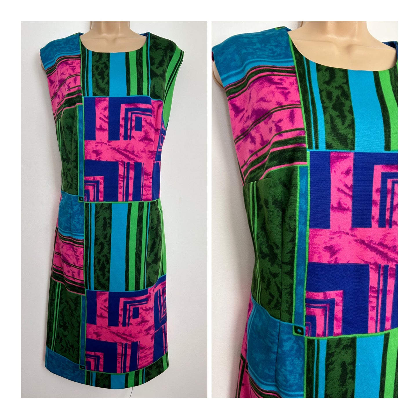 Vintage 1960s UK Size 14 AMAZING Crimplene Pink Green & Blue Abstract Print Sleeveless Mod Shift Dress