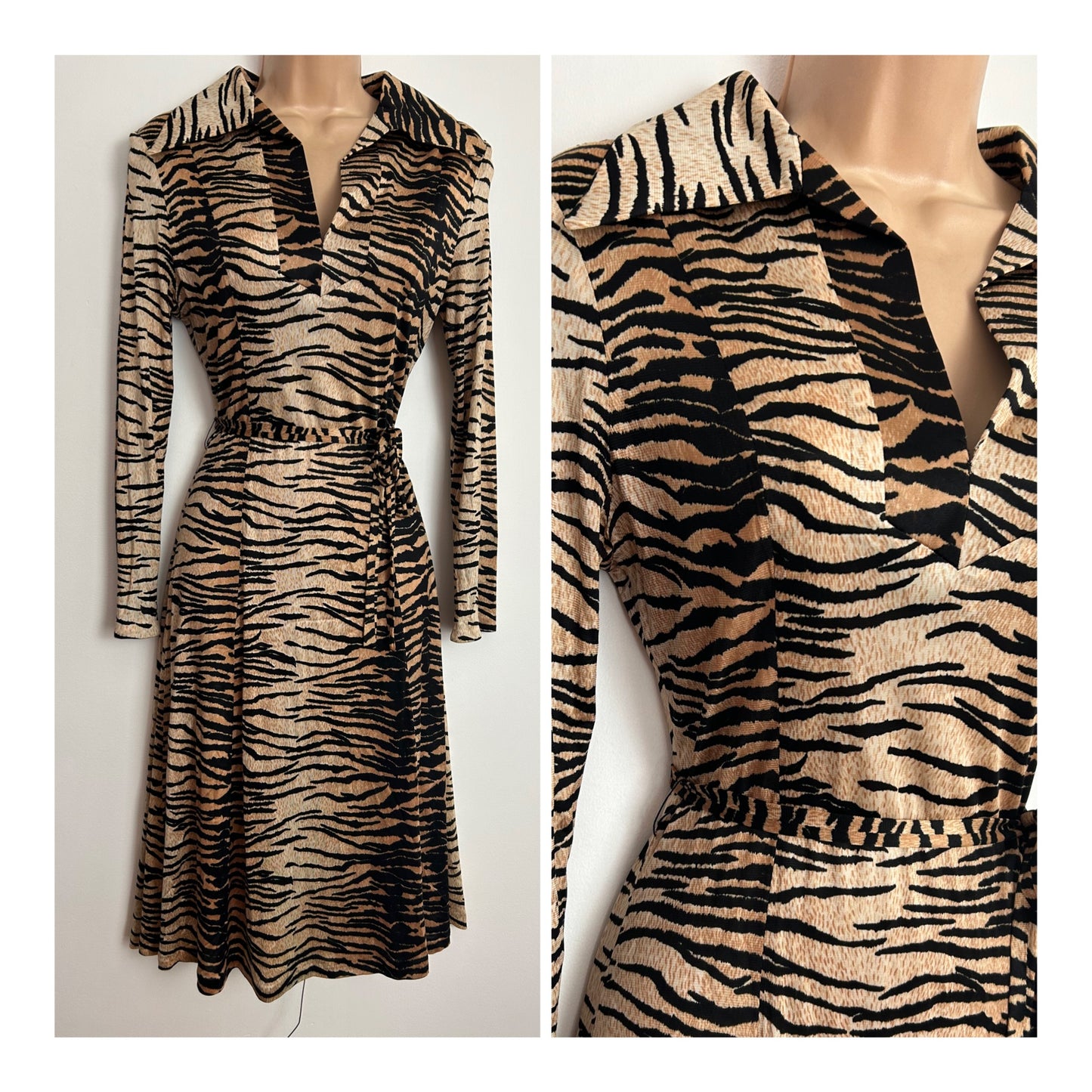 Vintage 1970s UK Size 10 Black & Tan Tiger Print Animal Print Dagger Collar Belted Day Dress