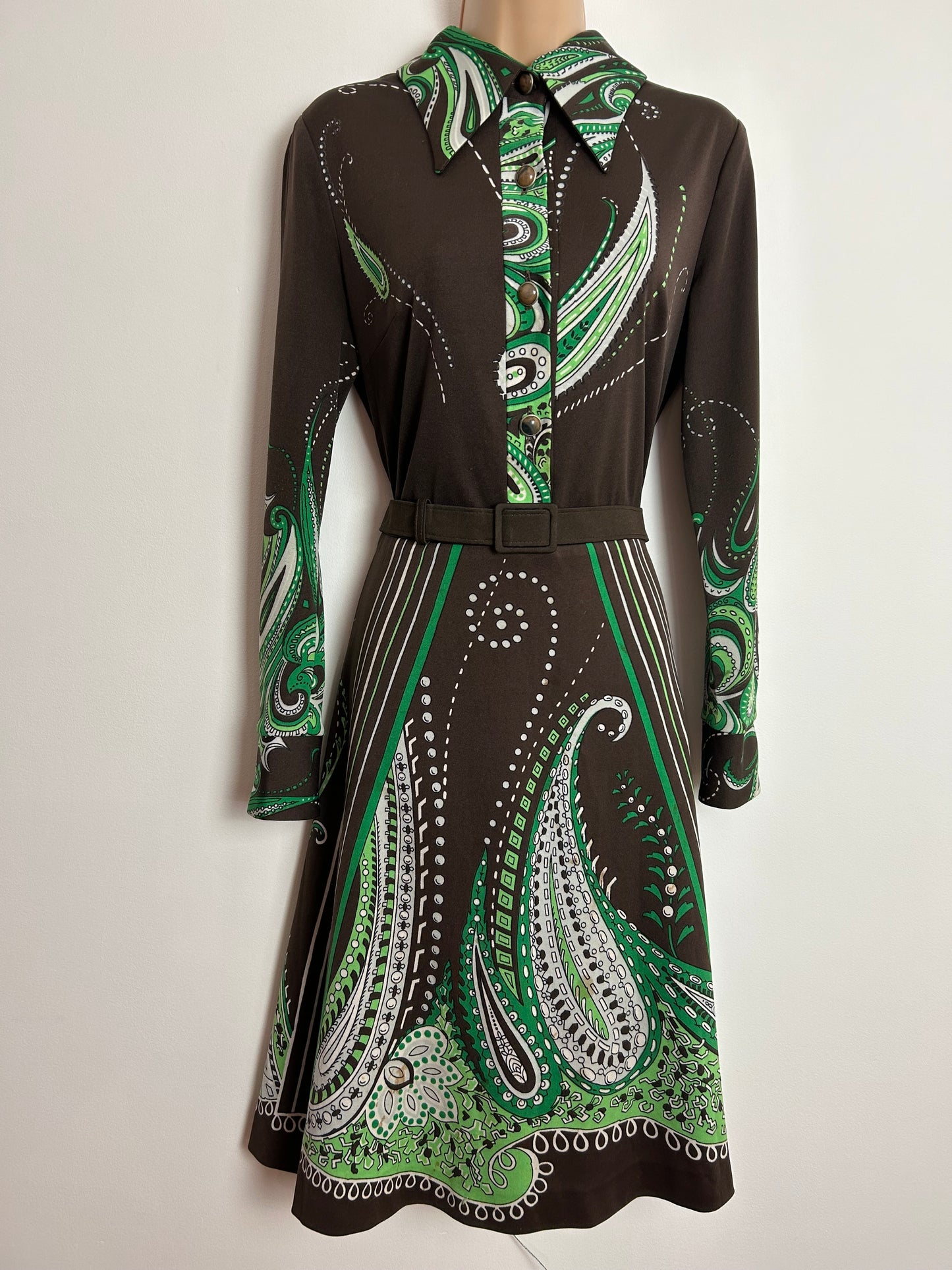 Vintage 1970s UK Size 14 Chocolate Brown & Green Paisley Print Long Sleeve Belted Mid Length Day Dress