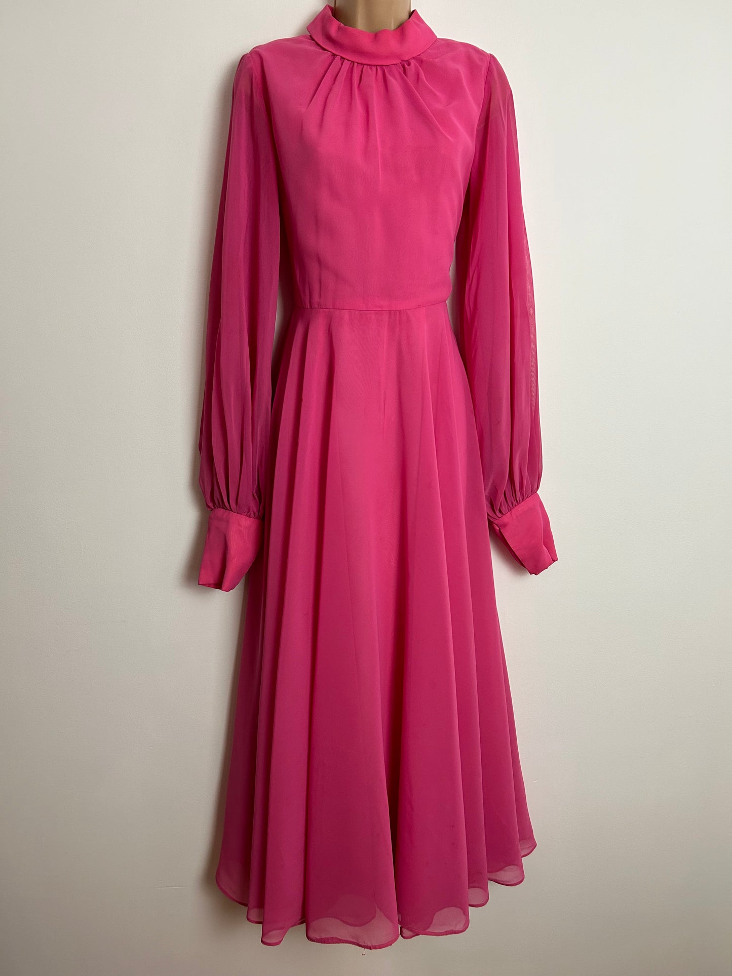 Vintage 1970s ALEXANDER CLARE UK Size 6-8 Candy Pink Chiffon Long Sleeve Occasion Maxi Dress