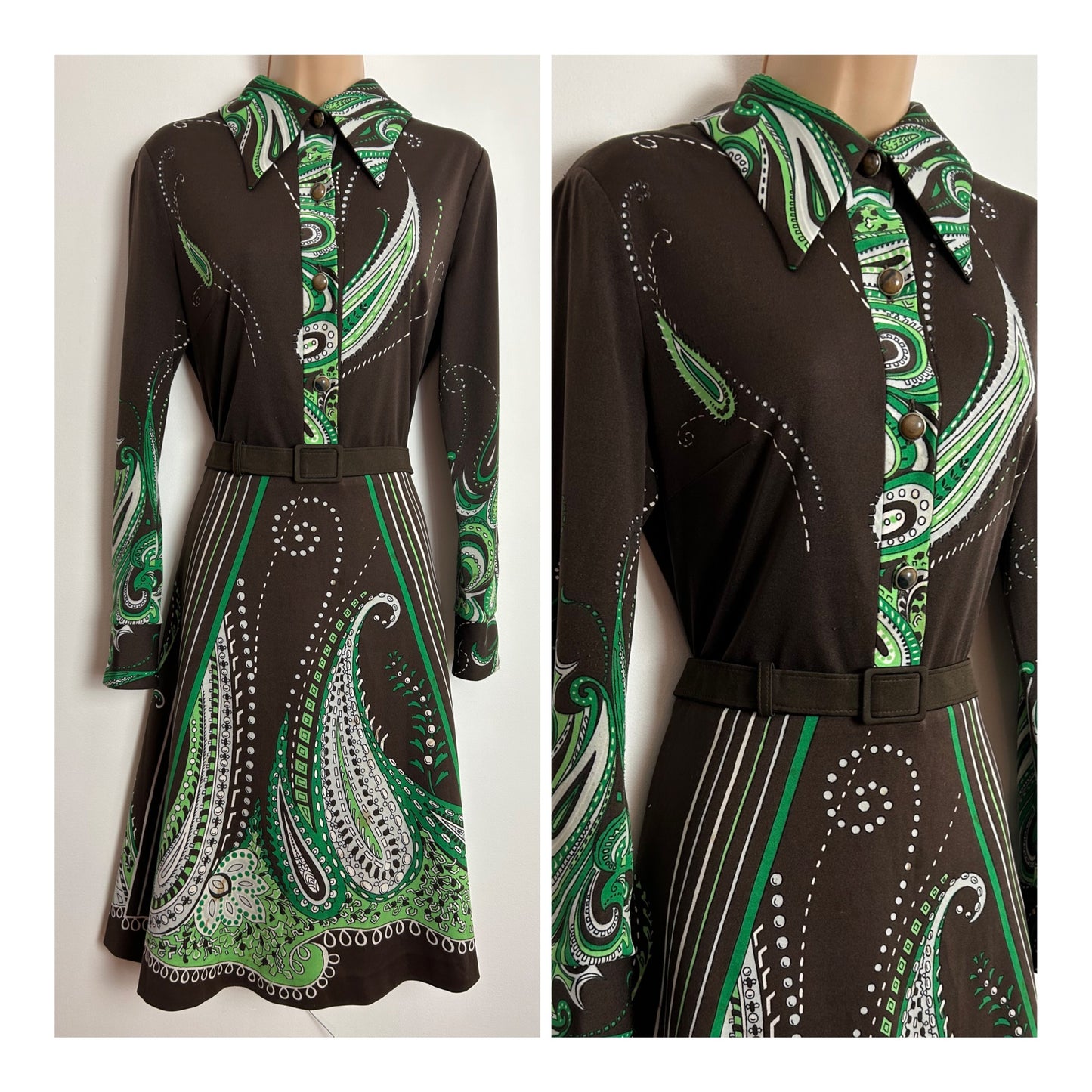 Vintage 1970s UK Size 14 Chocolate Brown & Green Paisley Print Long Sleeve Belted Mid Length Day Dress