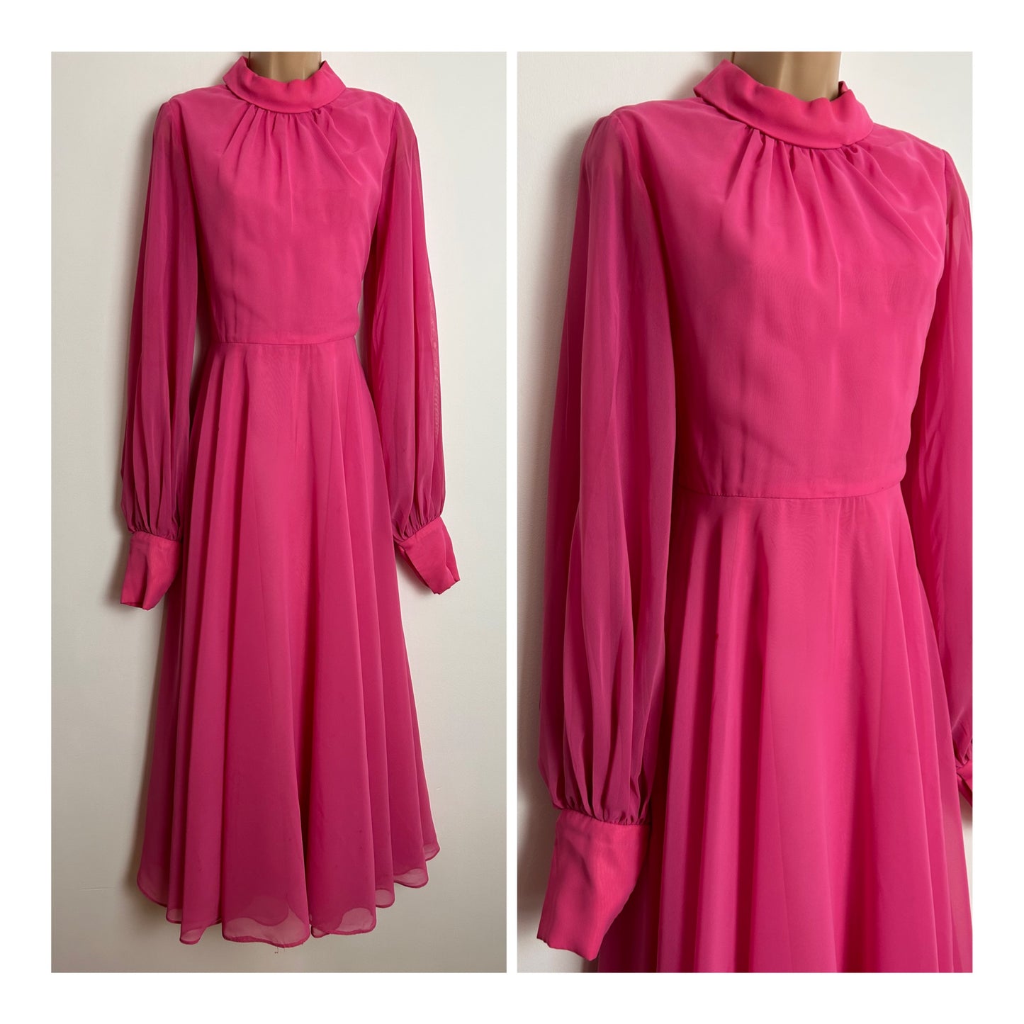 Vintage 1970s ALEXANDER CLARE UK Size 6-8 Candy Pink Chiffon Long Sleeve Occasion Maxi Dress