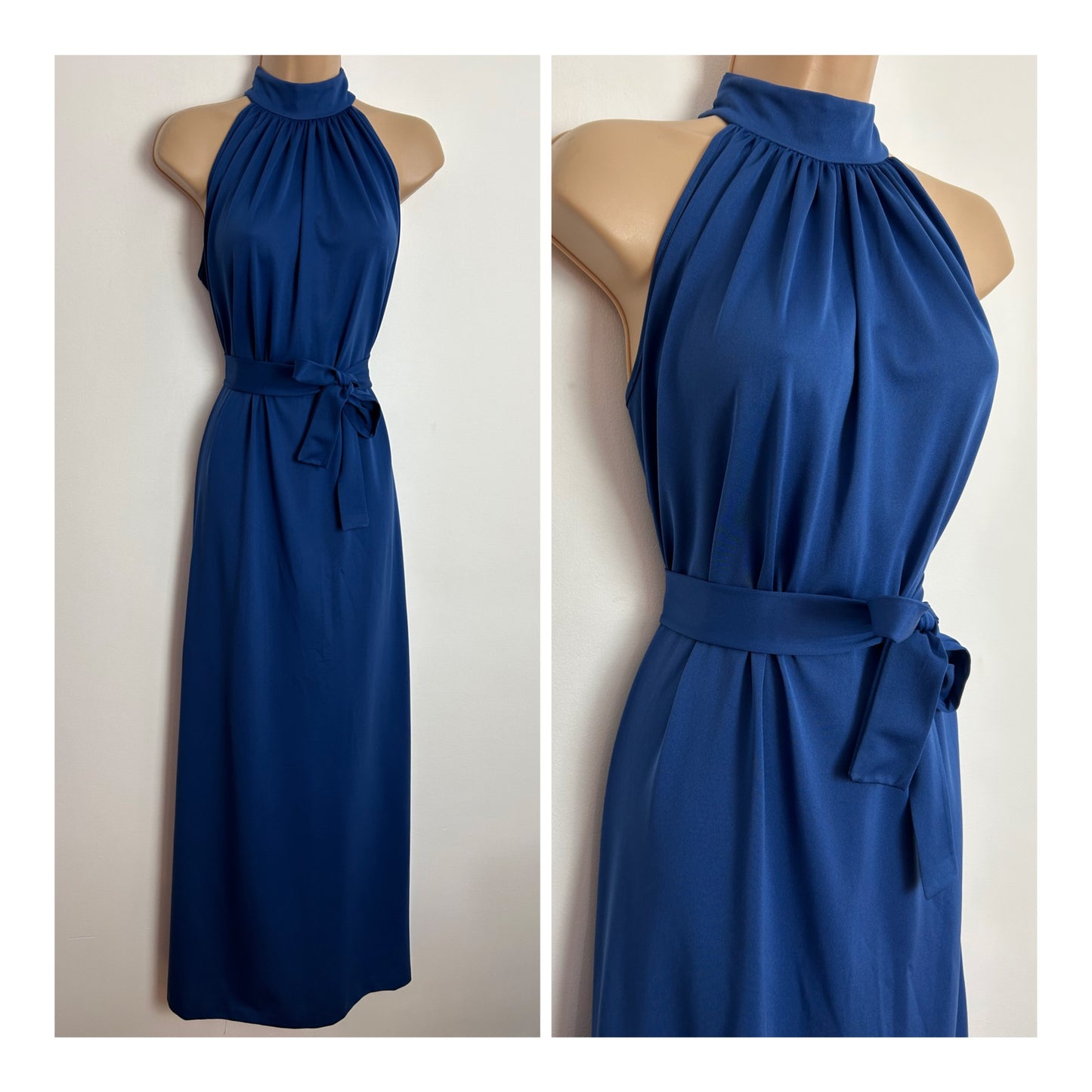 Vintage 1970s PIPPA DEE UK SIze 10-12 Midnight Blue High Neck Sleeveless Tie Waist Boho Occasion Evening Maxi Dress