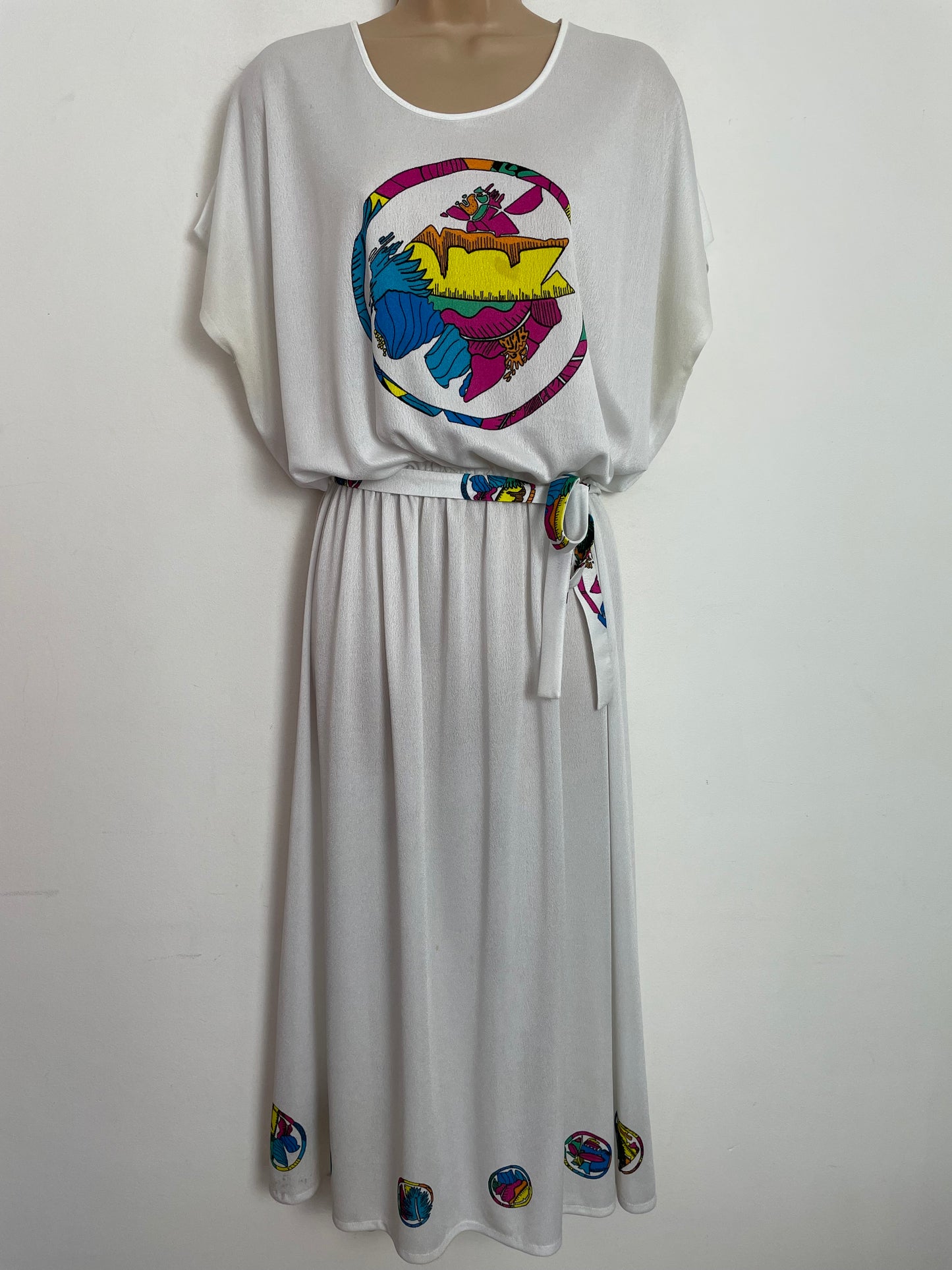 Vintage 1980s UK Size 12 White Multi Colour Abstract Print Blouson Bodice Belted Summer Cute Day Dress By Ari