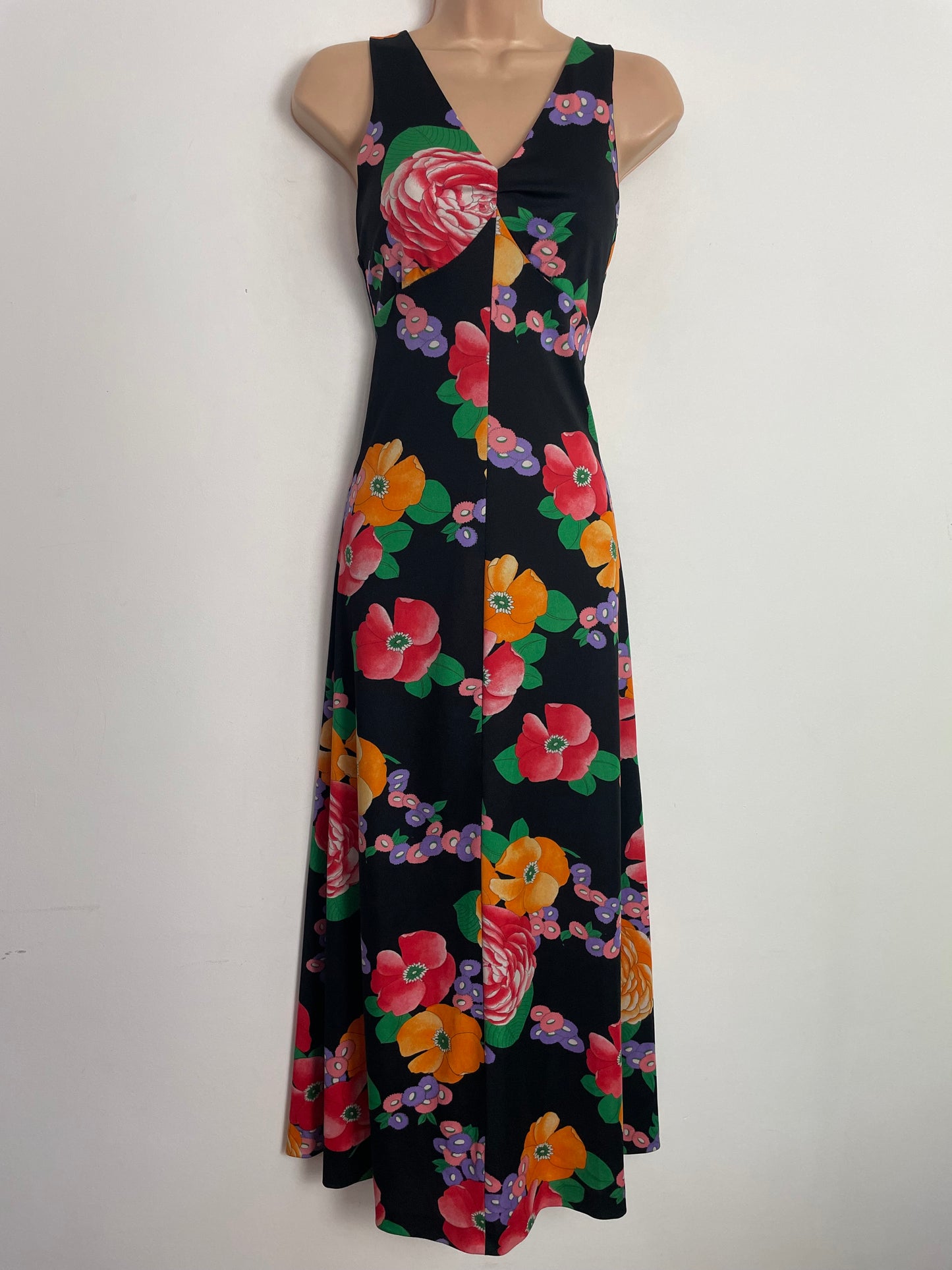 Vintage 1970s UK Size 6 Gorgeous Black Orange & Red Bold Floral Print Open Back Boho Summer Maxi Dress