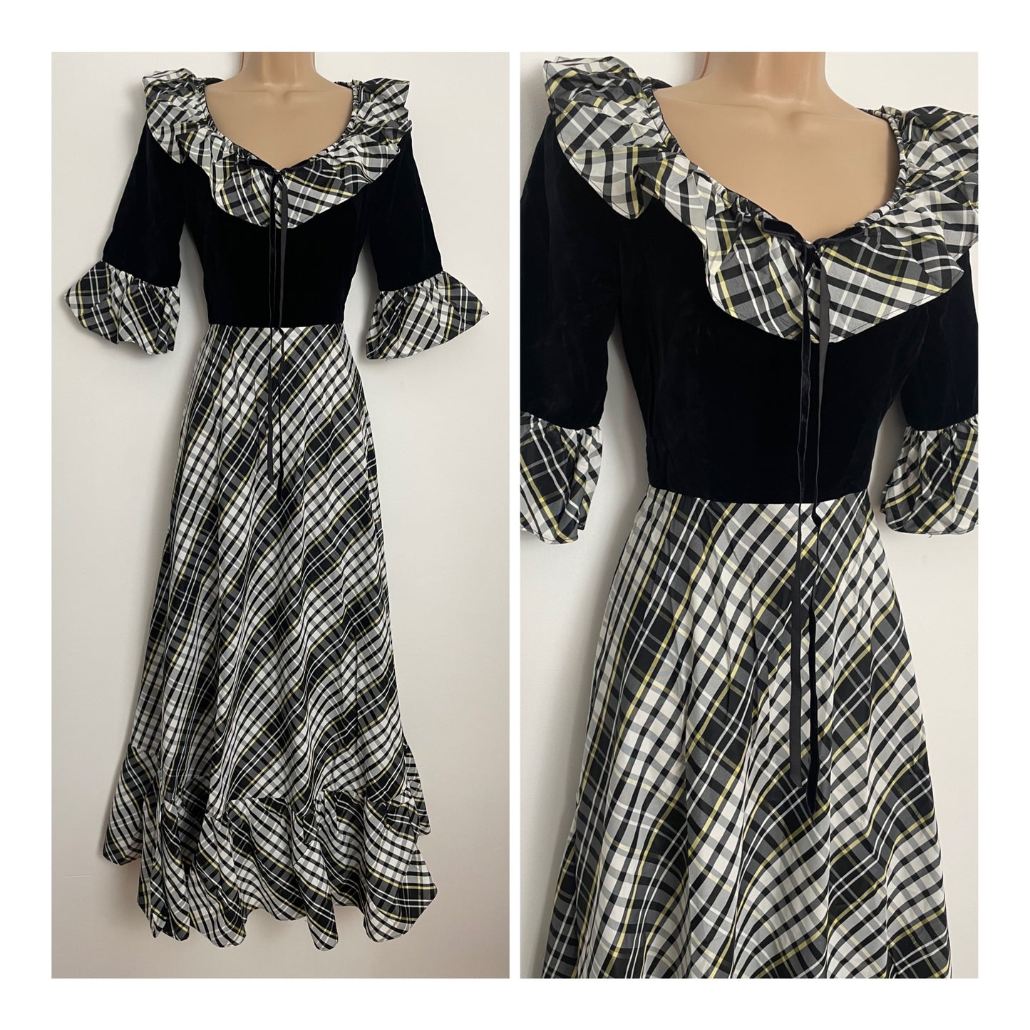 Vintage 1970s KATI AT LAURA PHILLIPS UK Size 6 Black White & Lemon Check Print Velvet & Acetate Ruffle Collar Prairie Boho Maxi Dress