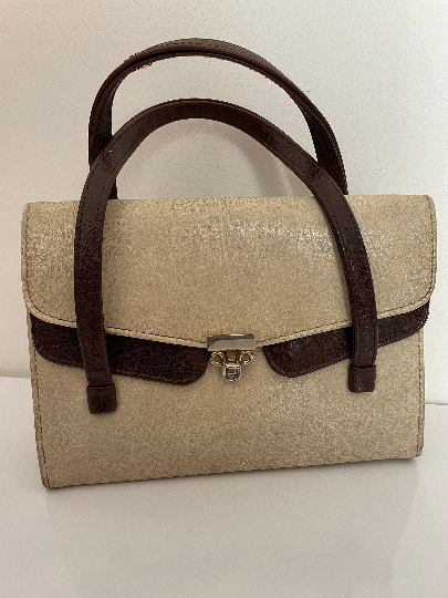 Vintage 1960s Weymouth American Made In England Cream & Brown Over Arm Kelly Handbag