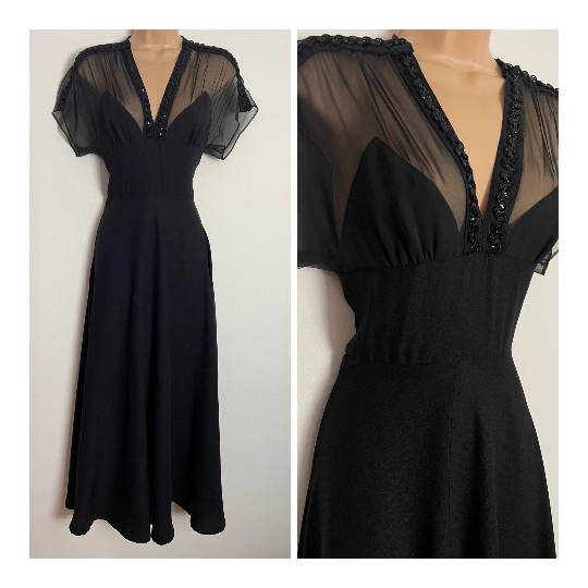 Vintage 1970s UK Size 4-6 Garbo Melbourne Beautiful Black Satin Back Crepe Sequin & Braid Evening Occasion Maxi Dress