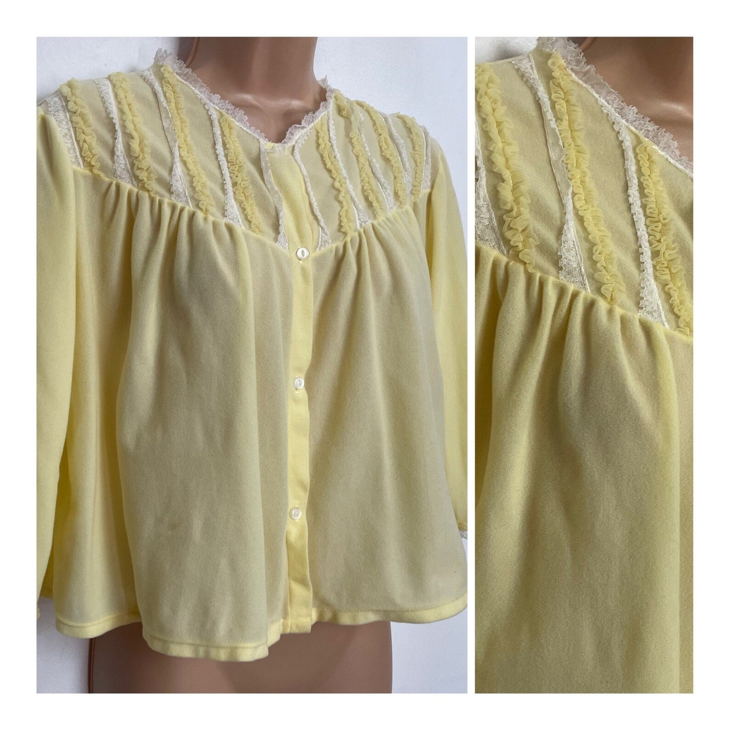 Vintage 1960s UK Size 12-14 Pretty Lemon Bri-Nylon Lace & Ruffle Trim Detail Bed Jacket By Brettles