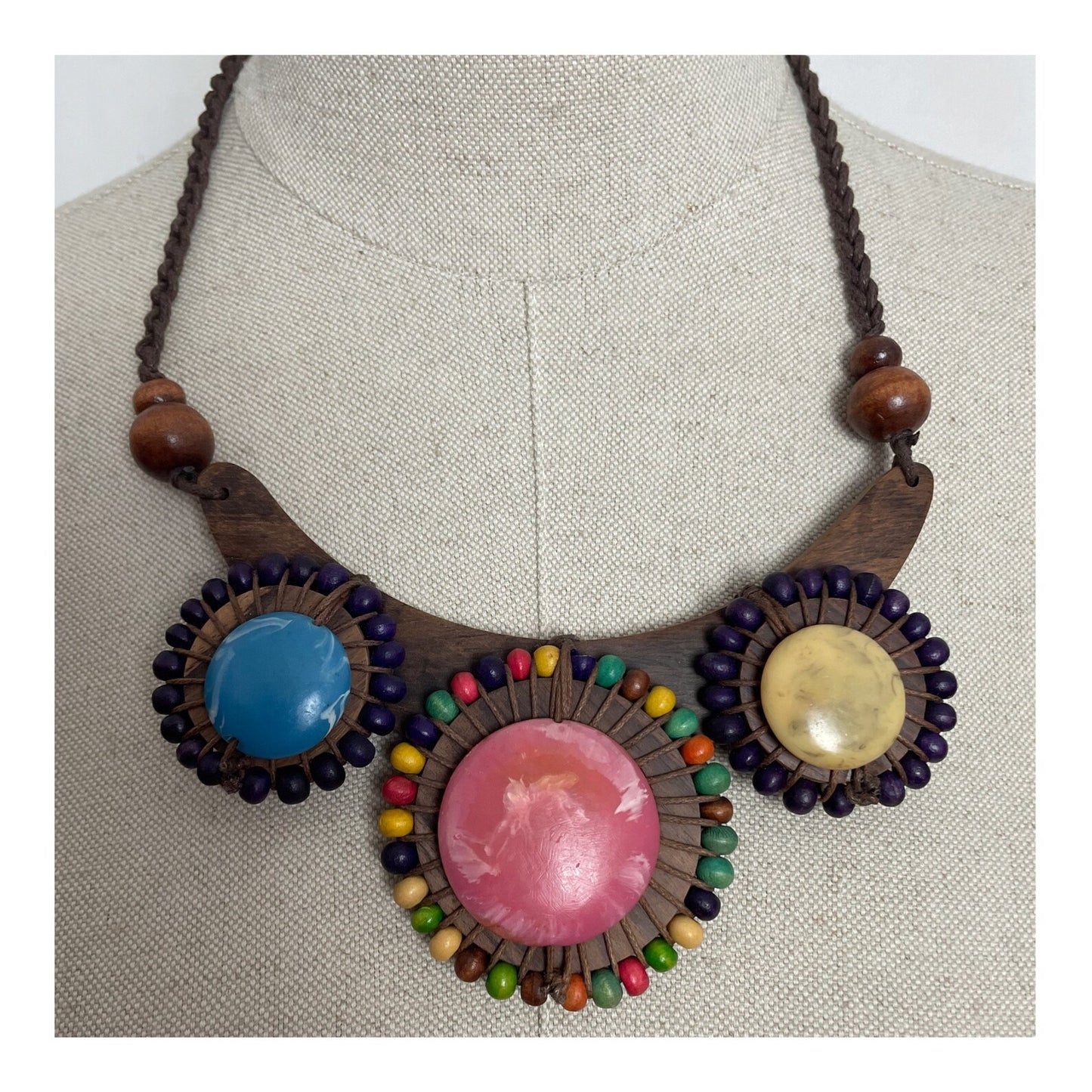 Charity Listing For Shout Aloud - Handmade Boho Bohemian Artisan Balinese Large Resin Disc & Coloured Wooden Bead Statement Necklace