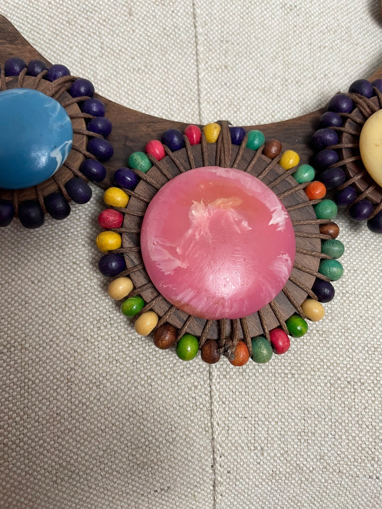 Charity Listing For Shout Aloud - Handmade Boho Bohemian Artisan Balinese Large Resin Disc & Coloured Wooden Bead Statement Necklace