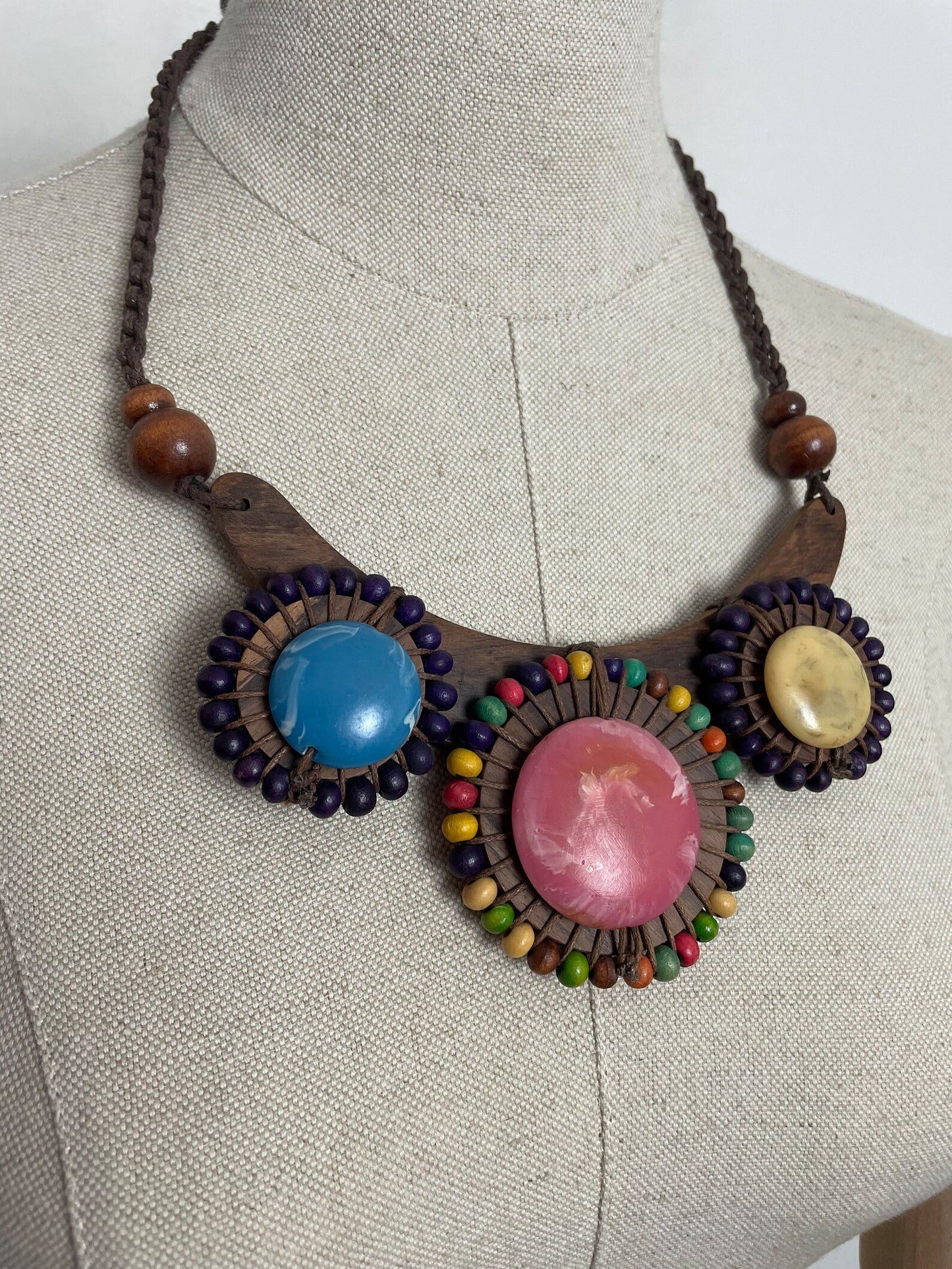 Charity Listing For Shout Aloud - Handmade Boho Bohemian Artisan Balinese Large Resin Disc & Coloured Wooden Bead Statement Necklace