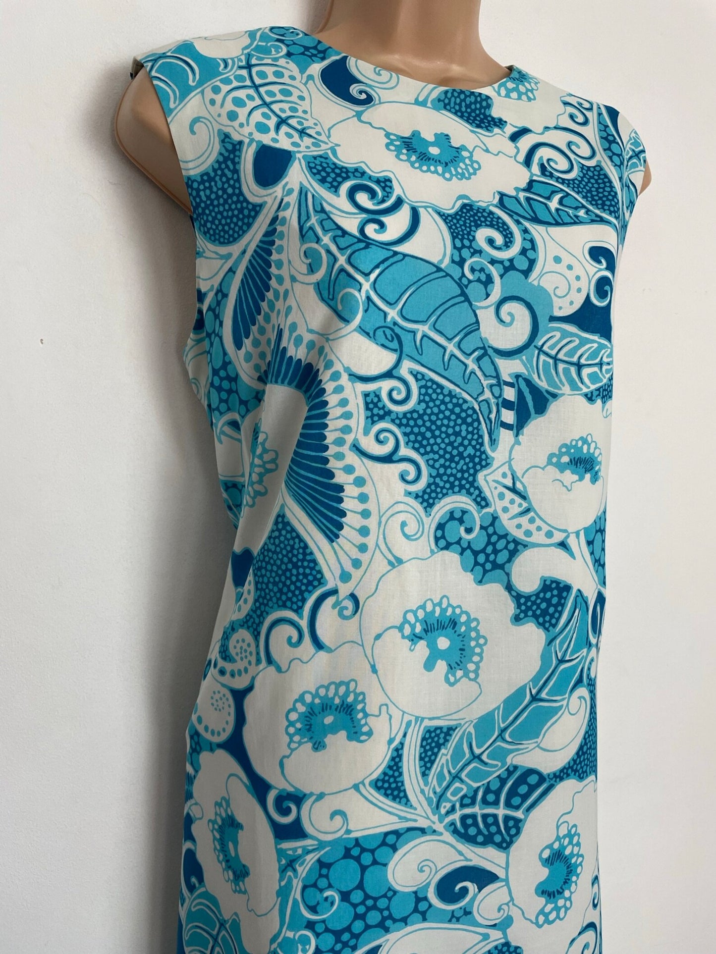 Vintage 1960s ULTRA RARE Couturier John Cavanagh Ready To Wear UK Size 16 White & Blue Floral Print Summer Boho Maxi Dress