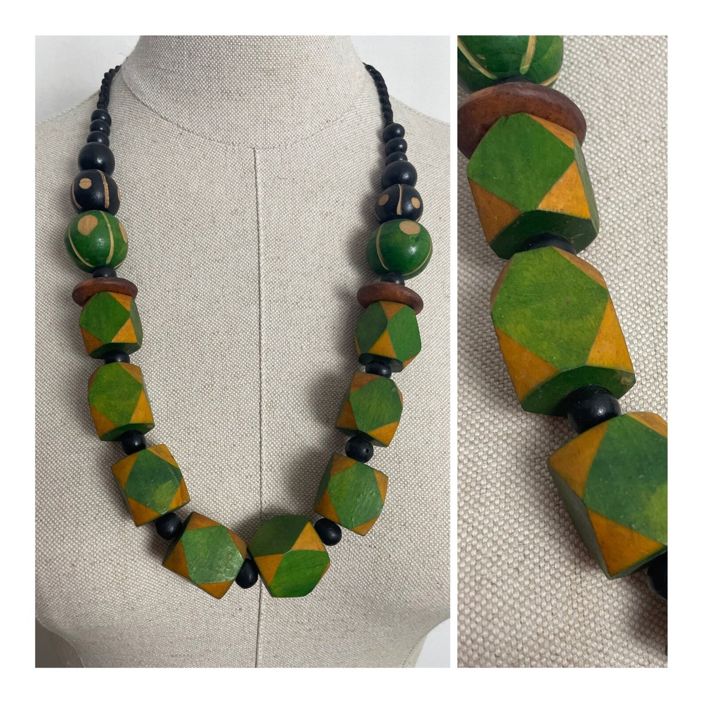 Charity Listing For Shout Aloud - Gorgeous Handmade Bohemian Hippy Artisan Balinese Chunky Green & Yellow Wooden Bead Statement Necklace