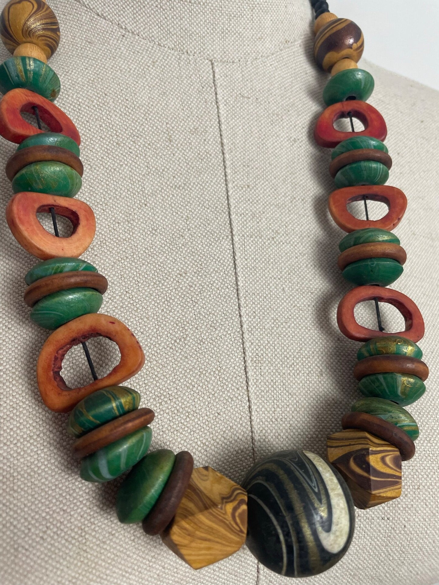 Charity Listing For Shout Aloud - Gorgeous Handmade Bohemian Hippy Artisan Balinese Chunky Green Orange Wood & Resin Bead Statement Necklace