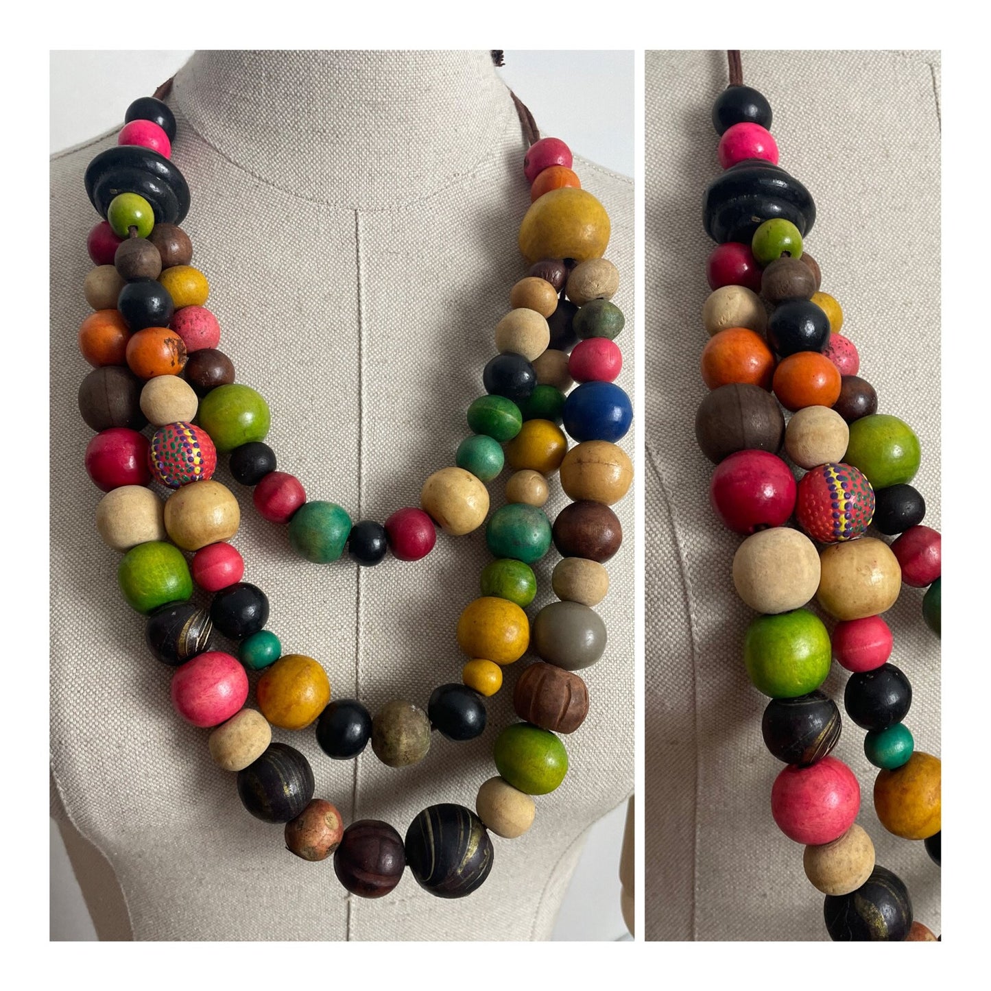 Charity Listing For Shout Aloud - Gorgeous Handmade Bohemian Hippy Artisan Balinese Chunky Triple Strand Wooden Bead Statement Necklace