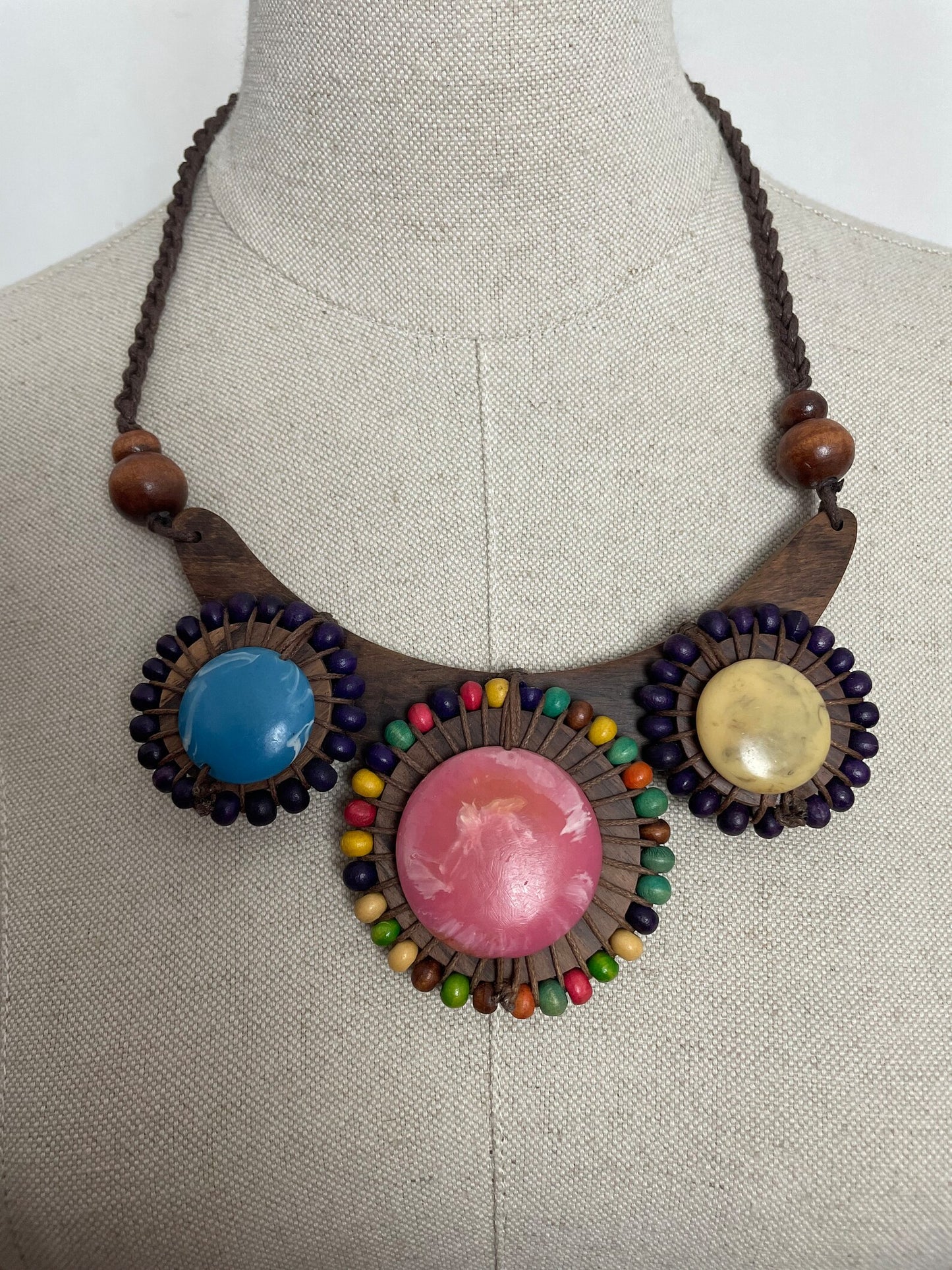 Charity Listing For Shout Aloud - Handmade Boho Bohemian Artisan Balinese Large Resin Disc & Coloured Wooden Bead Statement Necklace