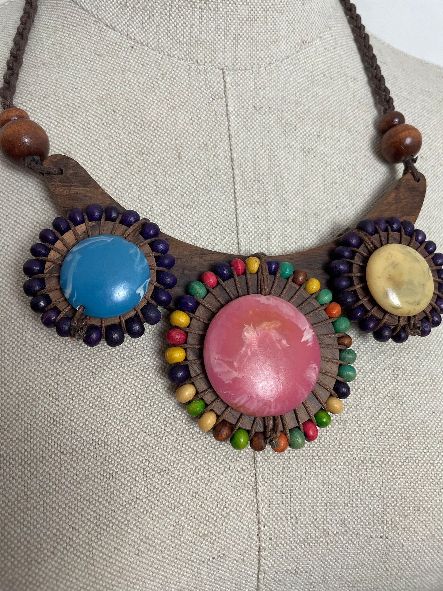 Charity Listing For Shout Aloud - Handmade Boho Bohemian Artisan Balinese Large Resin Disc & Coloured Wooden Bead Statement Necklace