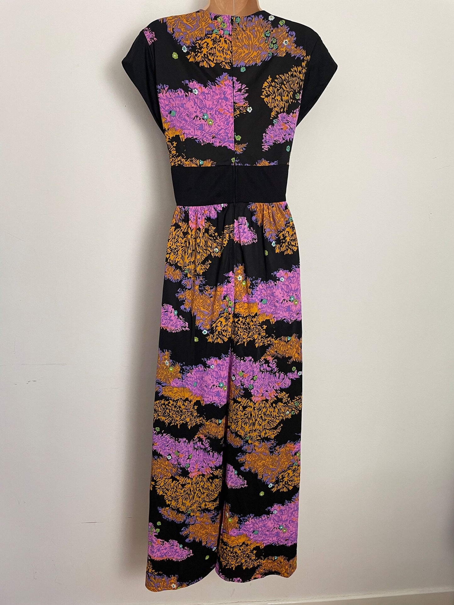 Vintage 1970s UK Size 12-14 Gorgeous Black Pink & Orange Abstract Floral Print Boho Maxi Dress