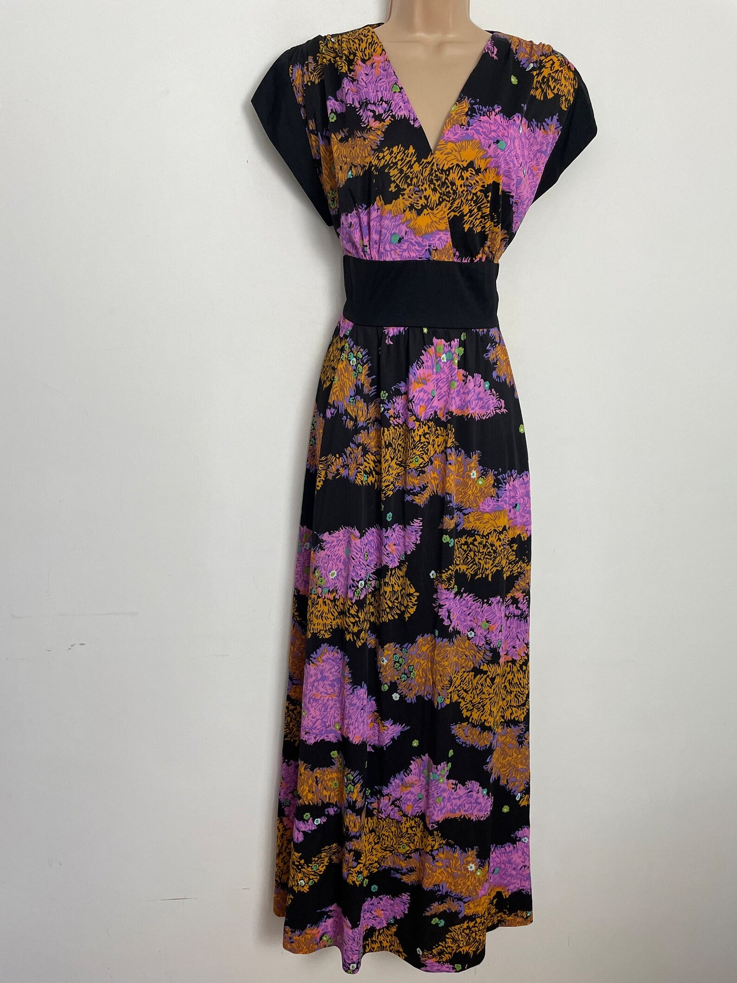 Vintage 1970s UK Size 12-14 Gorgeous Black Pink & Orange Abstract Floral Print Boho Maxi Dress