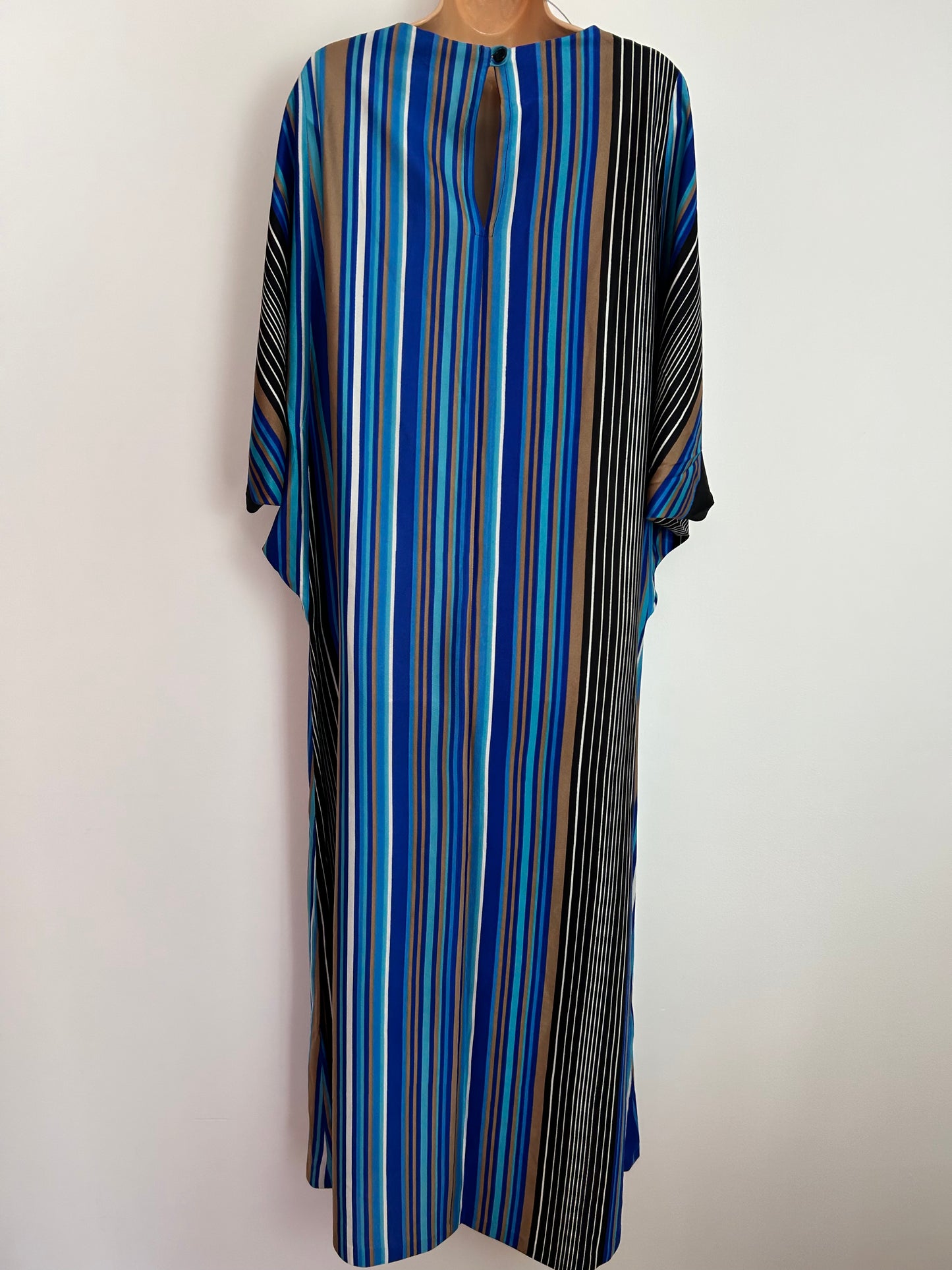 Vintage 1970s DEBENHAMS One Size Up To 16/18 Blue Brown White & Black Stripe Print Wide Sleeve Kaftan Maxi Dress