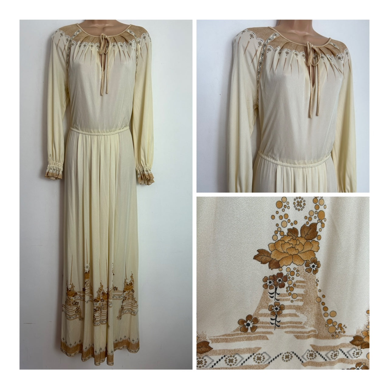 Vintage 1970s Approx UK Size 12-14 BEAUTIFUL Cream & Brown Floral Print Pleated Long Sleeve Boho Maxi Dress