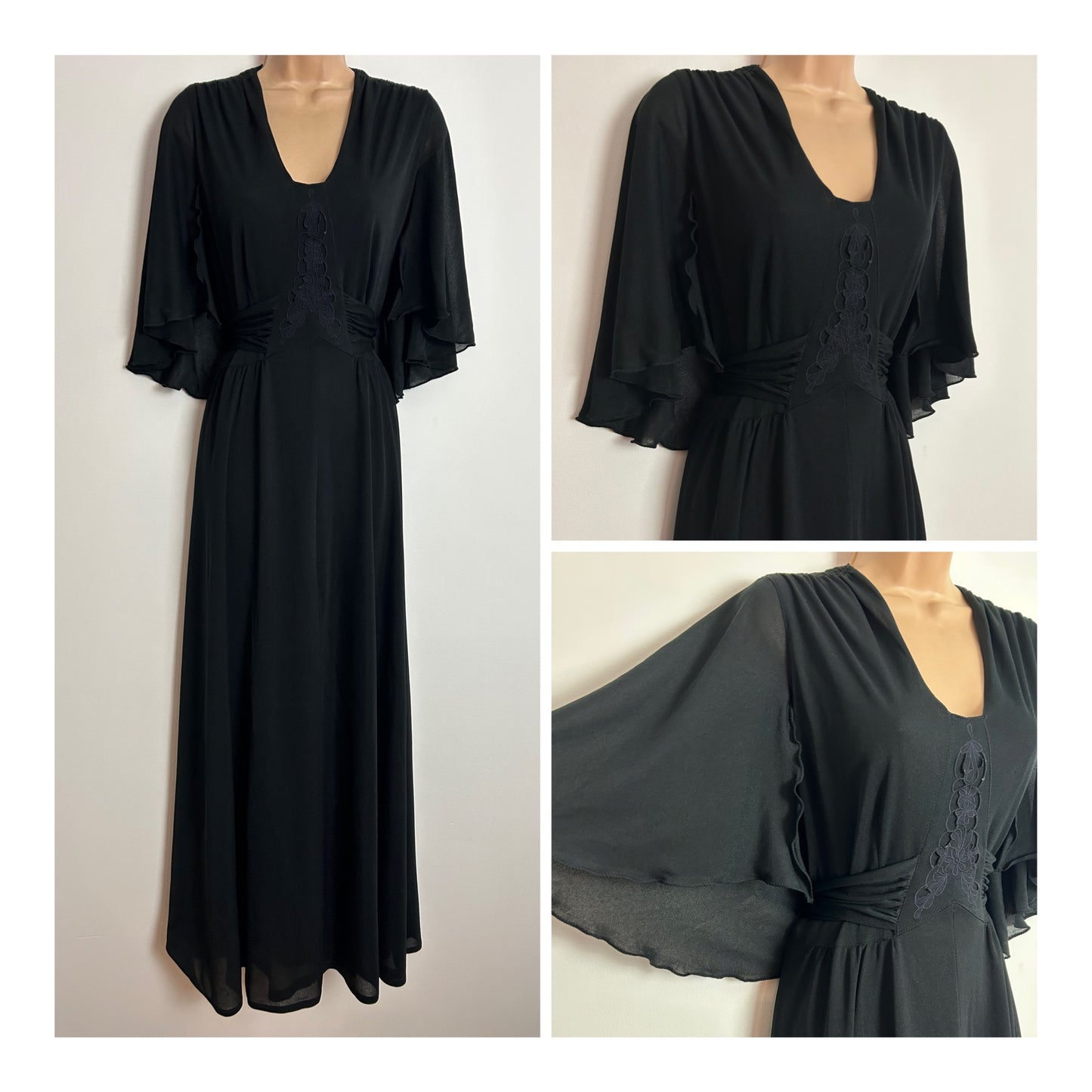 Vintage 1970s UK Size 12 Black Cape Sleeve Cut Out Applique Detail Tie Back Boho Maxi Dress