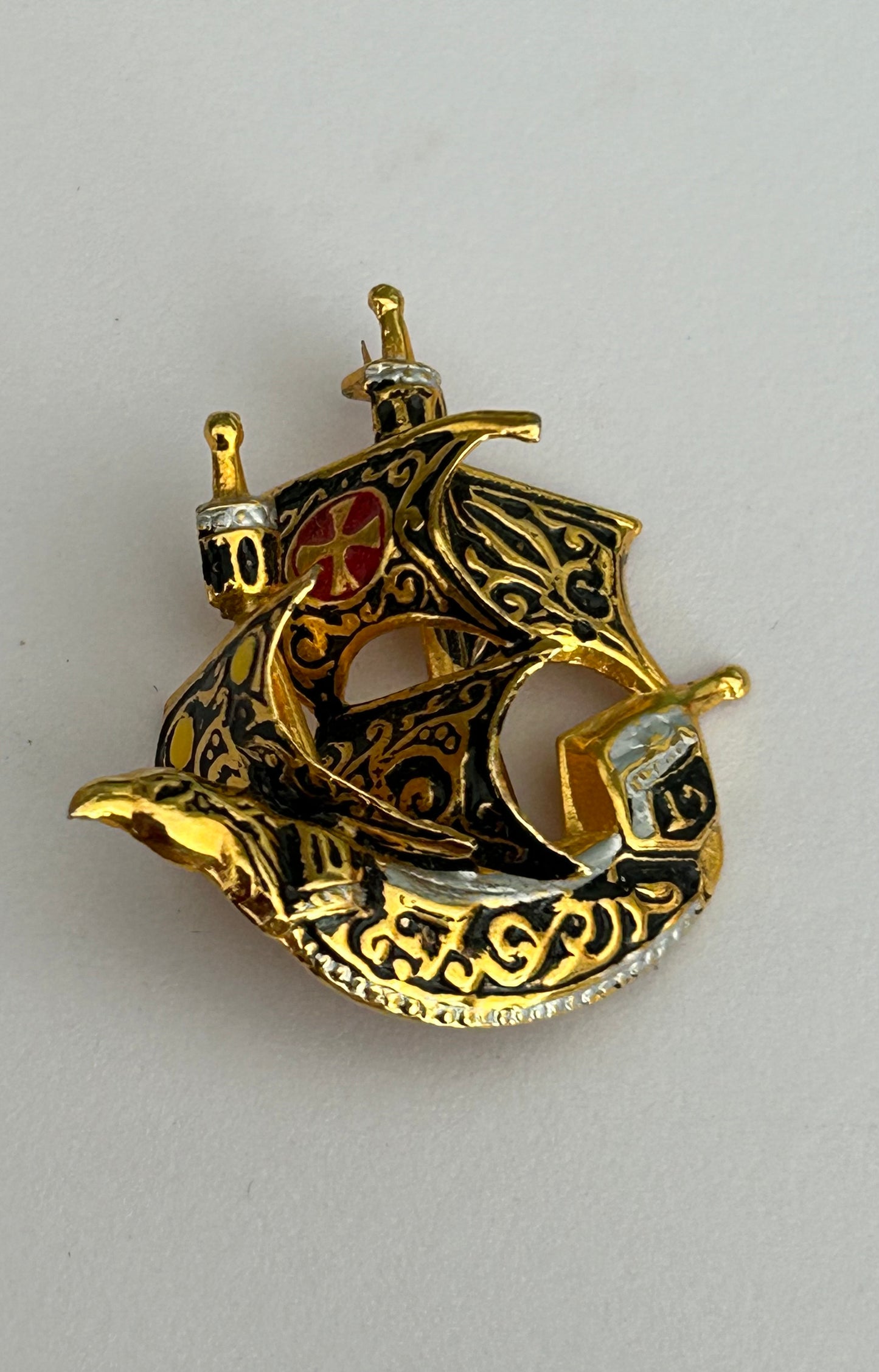 Vintage Spanish Toledo Damascene Gold Tone Galleon Ship Pin Brooch