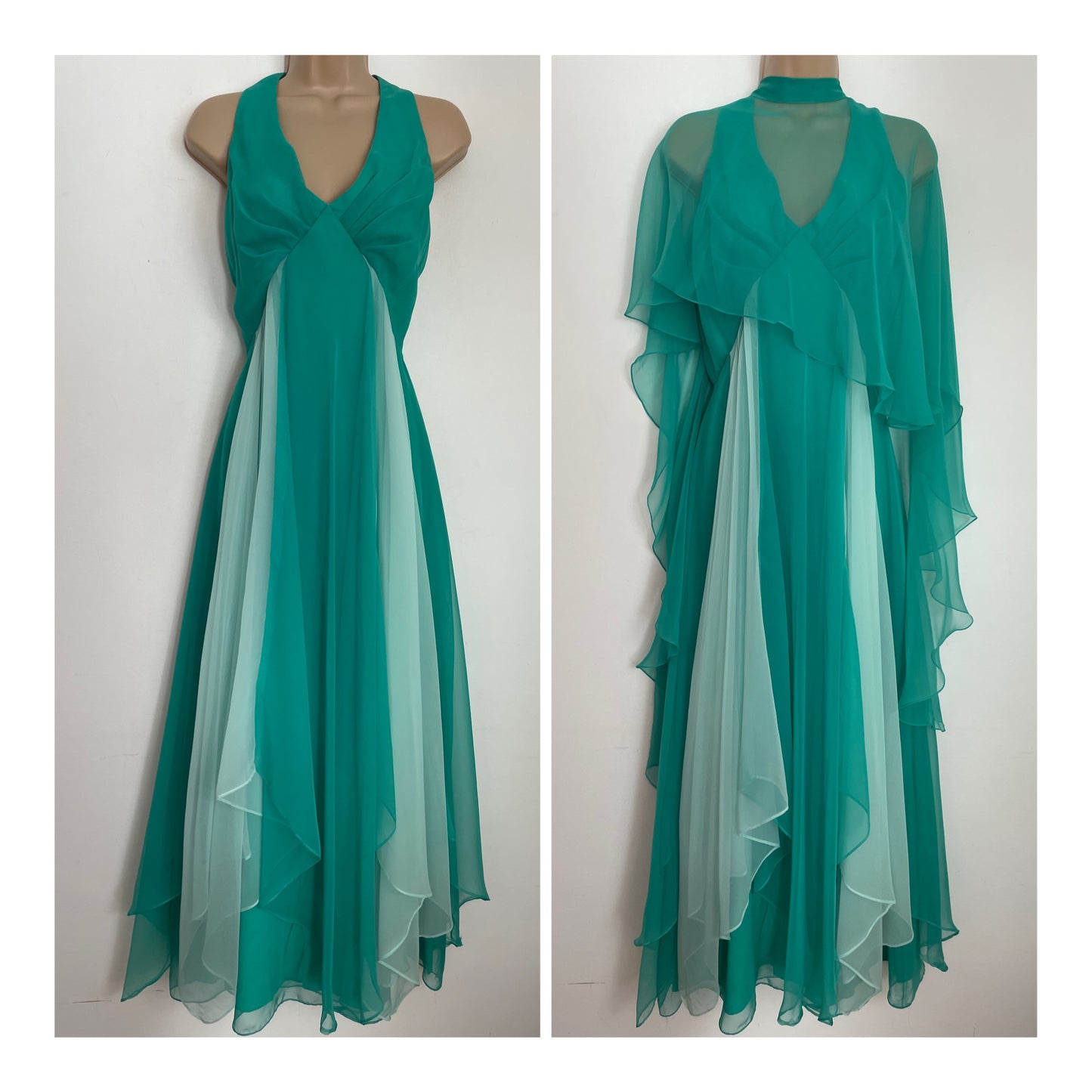 Vintage 1960s UK Size 8 Beautiful Jade Green Chiffon Panelled Layered Special Occasion Evening Maxi Dress With Detachable Cape By Jack Bryan