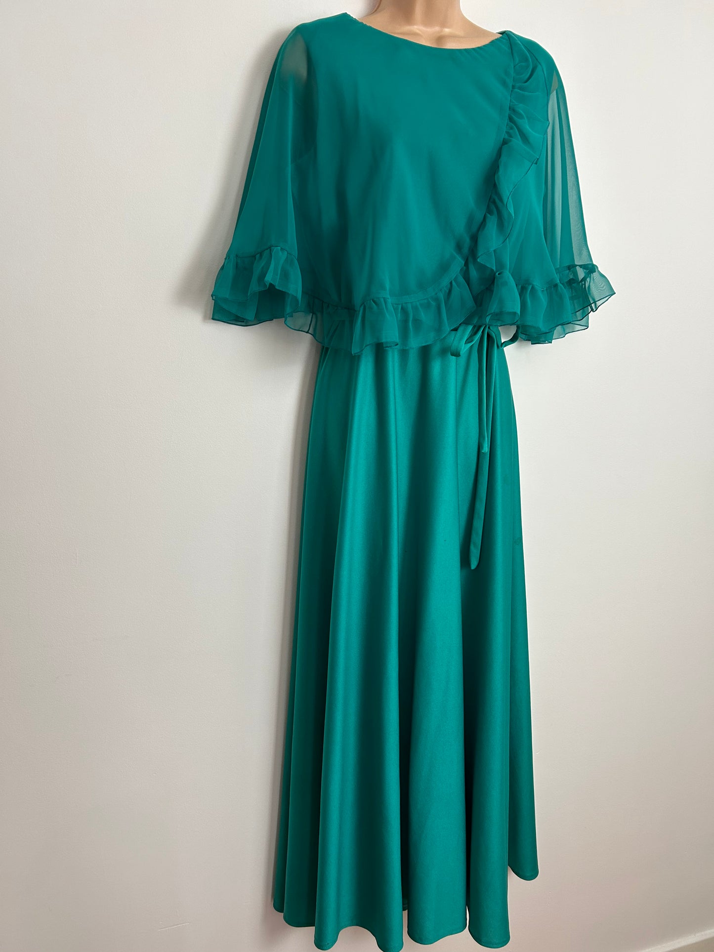 Vintage 1970s UK Size 10 Jade Green Chiffon Cape Overlay Belted Boho Occasion Maxi Dress By C&A