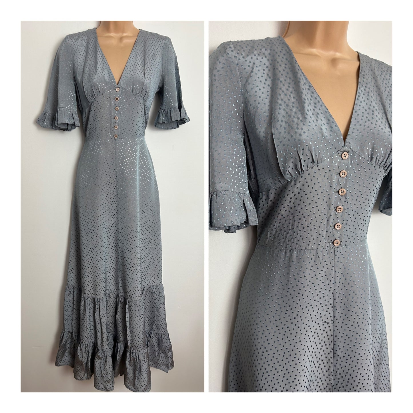 Vintage 1970s UK SIze 8 Silvery Grey Short Sleeve Tie Back Prairie Boho Maxi Dress