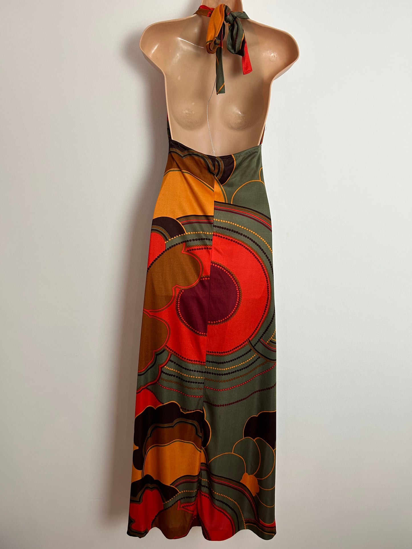 Vintage 1970s UK Size 8-10 Khaki Green Orange & Brown Bold Abstract Floral Print Halterneck Boho Summer Maxi Dress