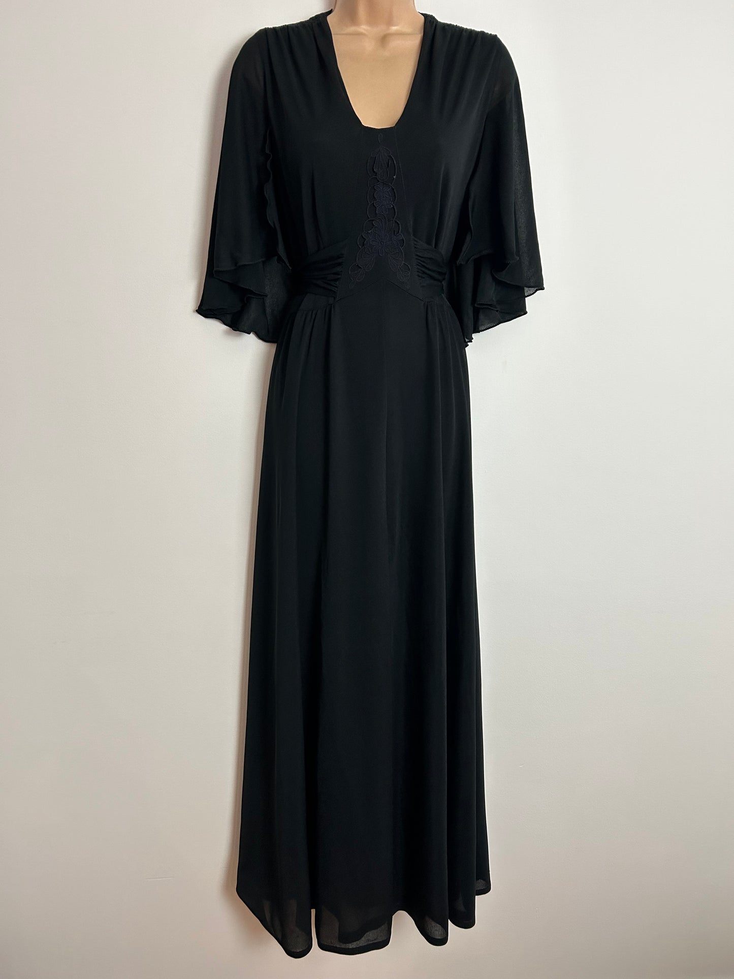 Vintage 1970s UK Size 12 Black Cape Sleeve Cut Out Applique Detail Tie Back Boho Maxi Dress