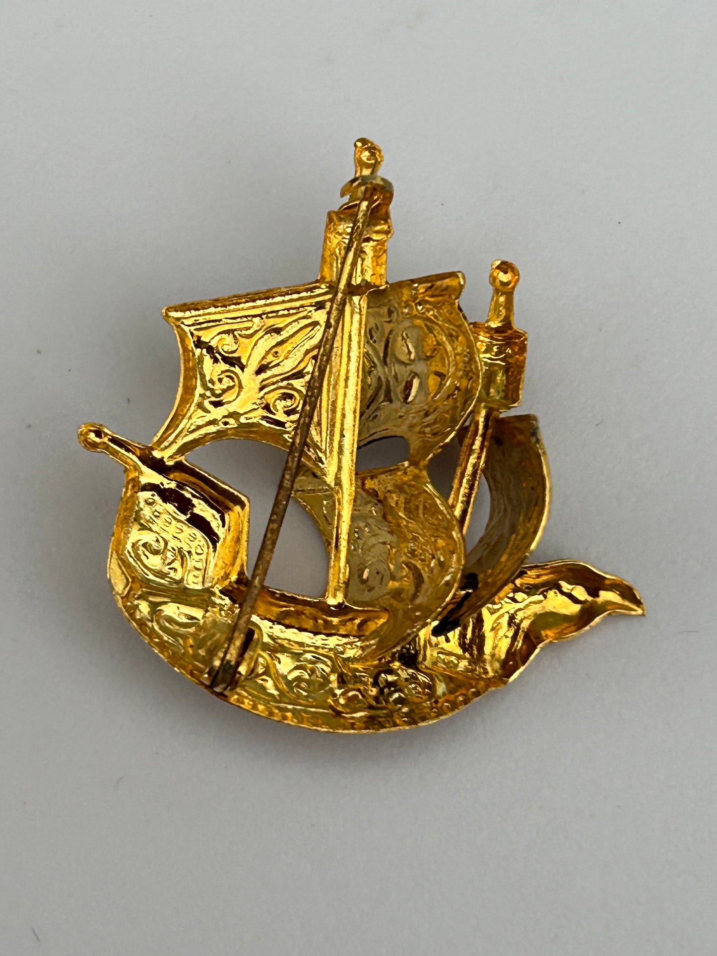 Vintage Spanish Toledo Damascene Gold Tone Galleon Ship Pin Brooch