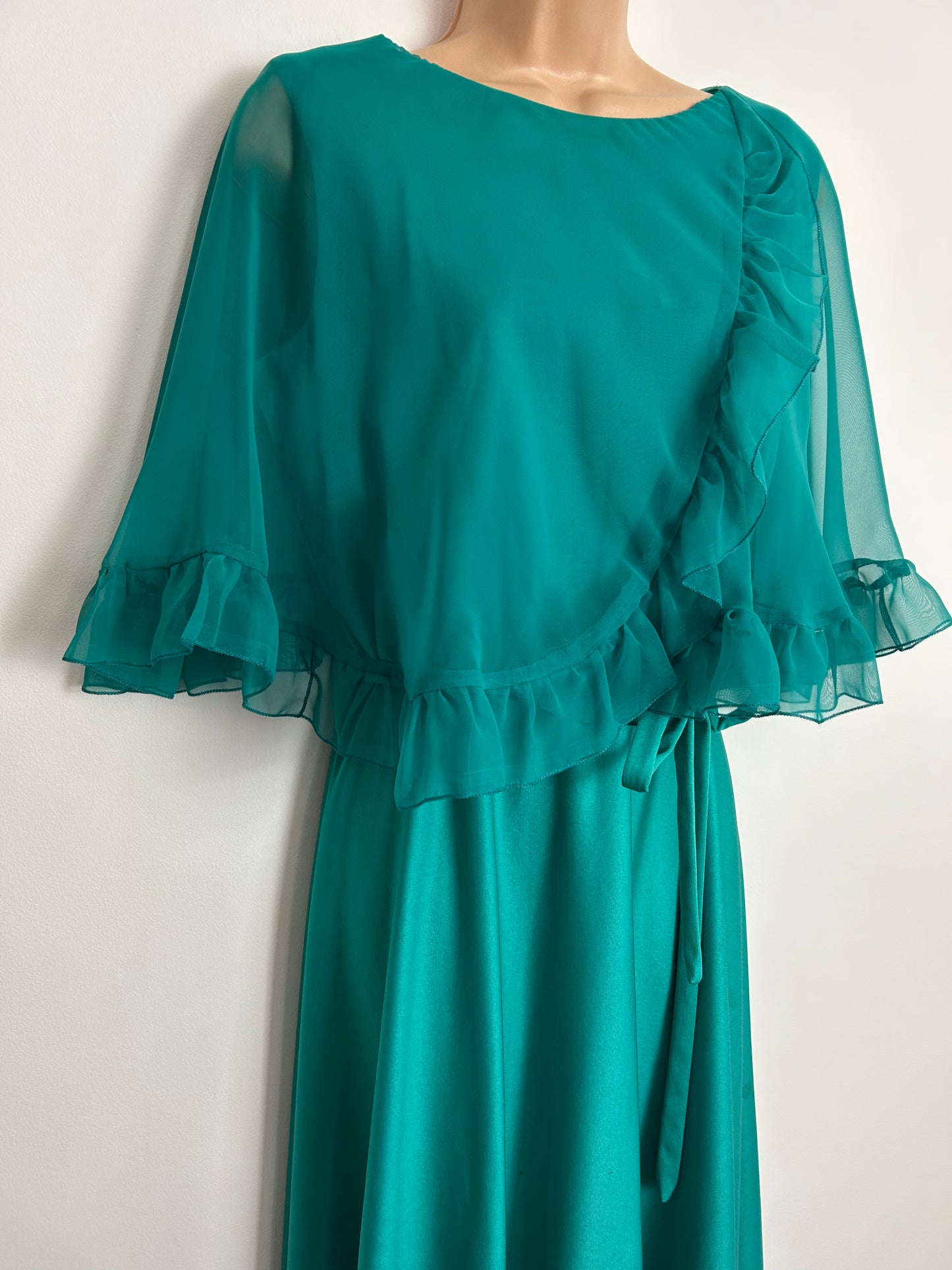 Vintage 1970s UK Size 10 Jade Green Chiffon Cape Overlay Belted Boho Occasion Maxi Dress By C&A