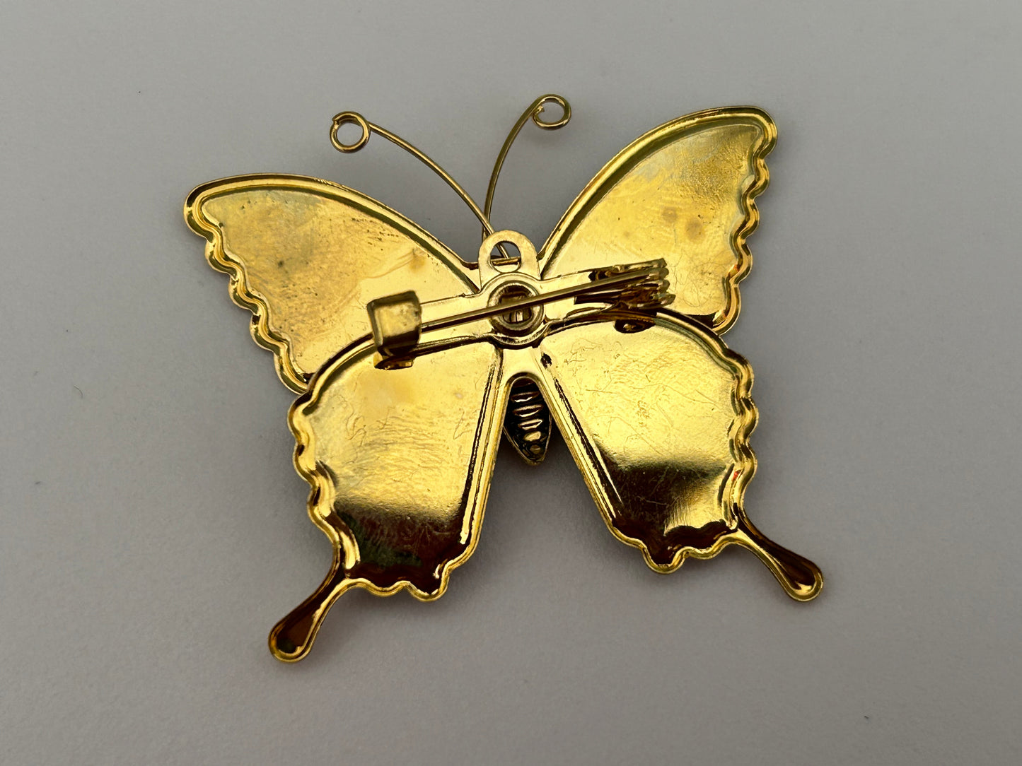 Vintage 1970s Beautiful Gold Tone Green & Orange Enamelled Butterfly Pin Brooch