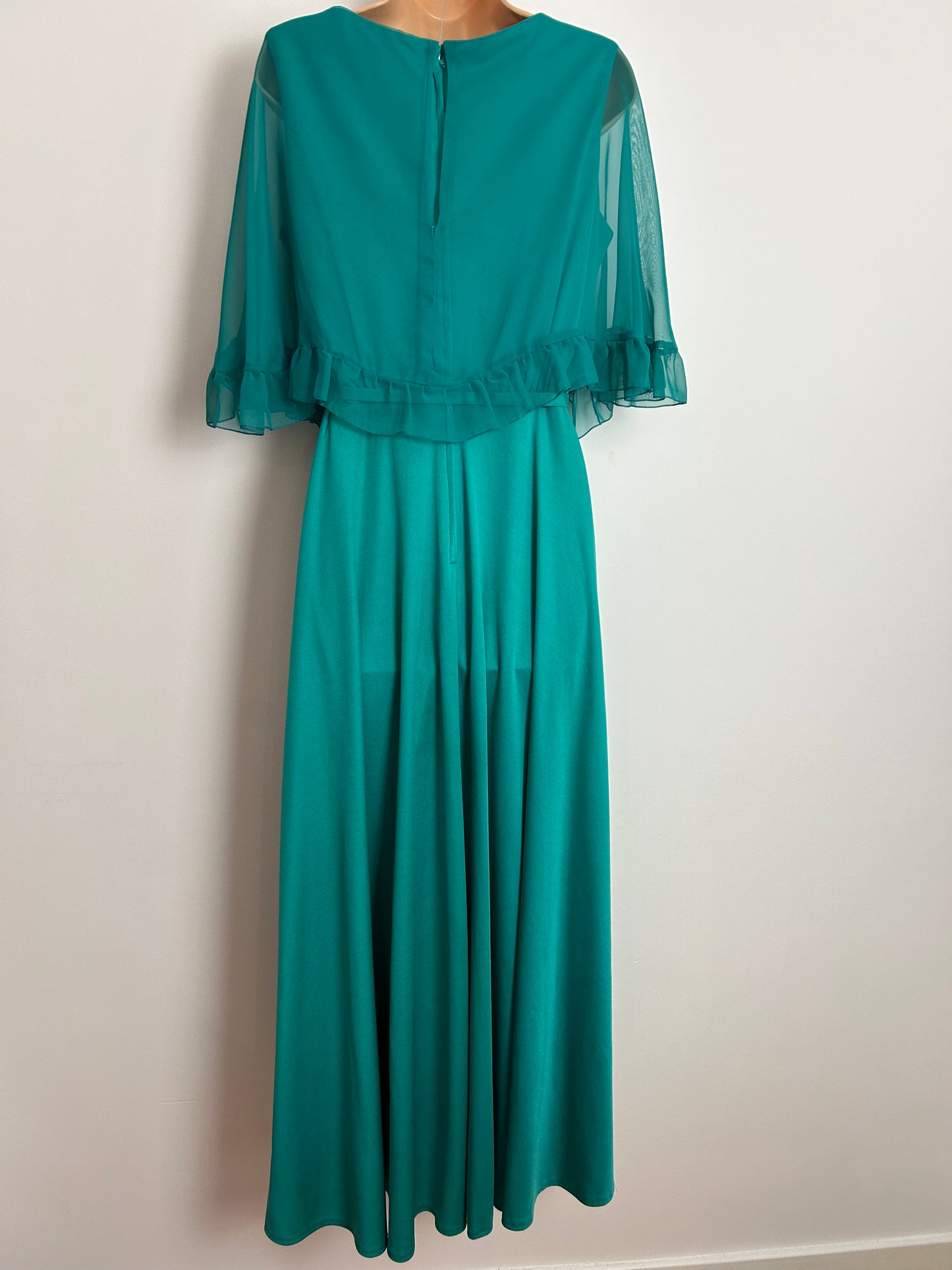 Vintage 1970s UK Size 10 Jade Green Chiffon Cape Overlay Belted Boho Occasion Maxi Dress By C&A