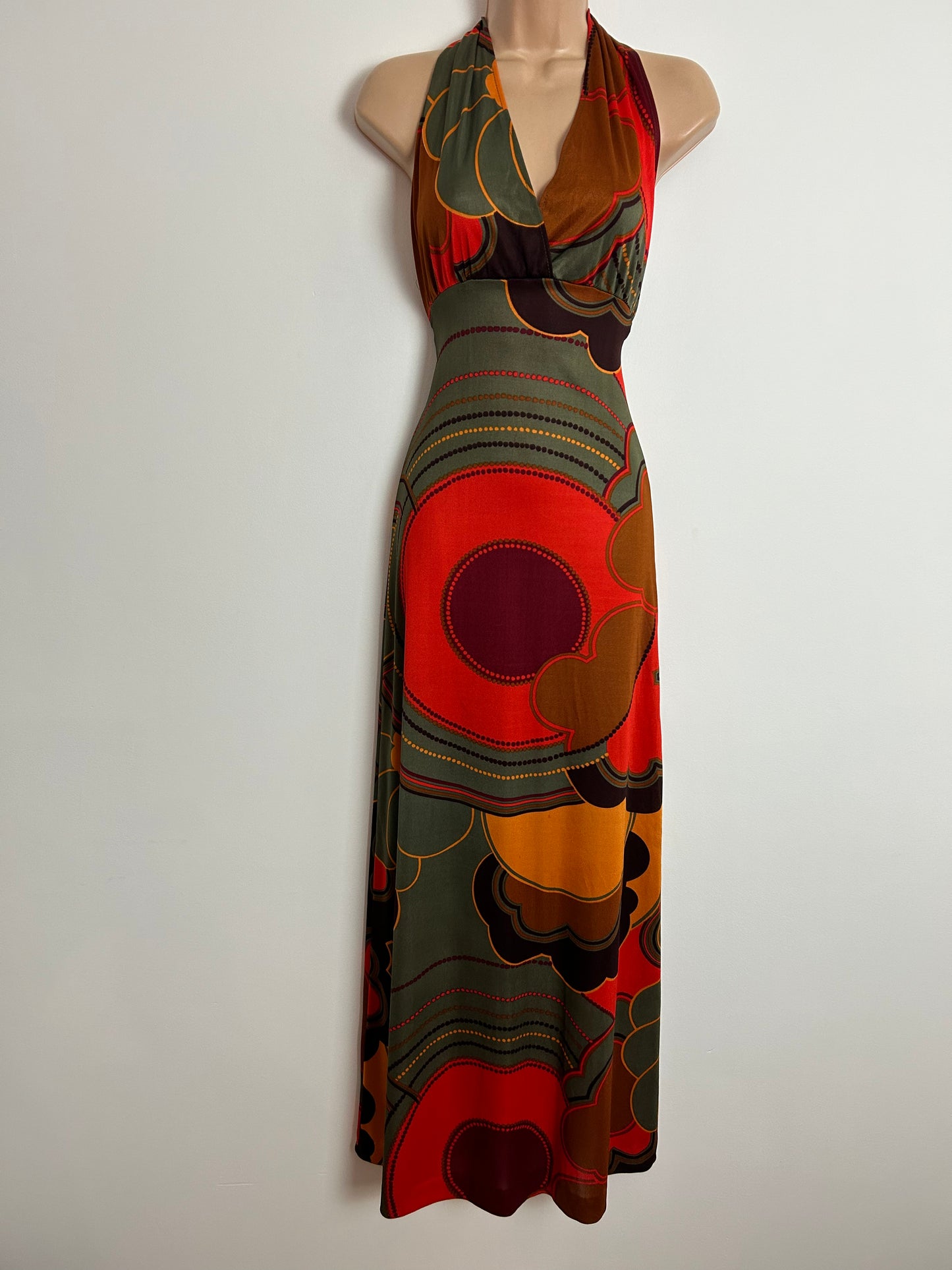 Vintage 1970s UK Size 8-10 Khaki Green Orange & Brown Bold Abstract Floral Print Halterneck Boho Summer Maxi Dress