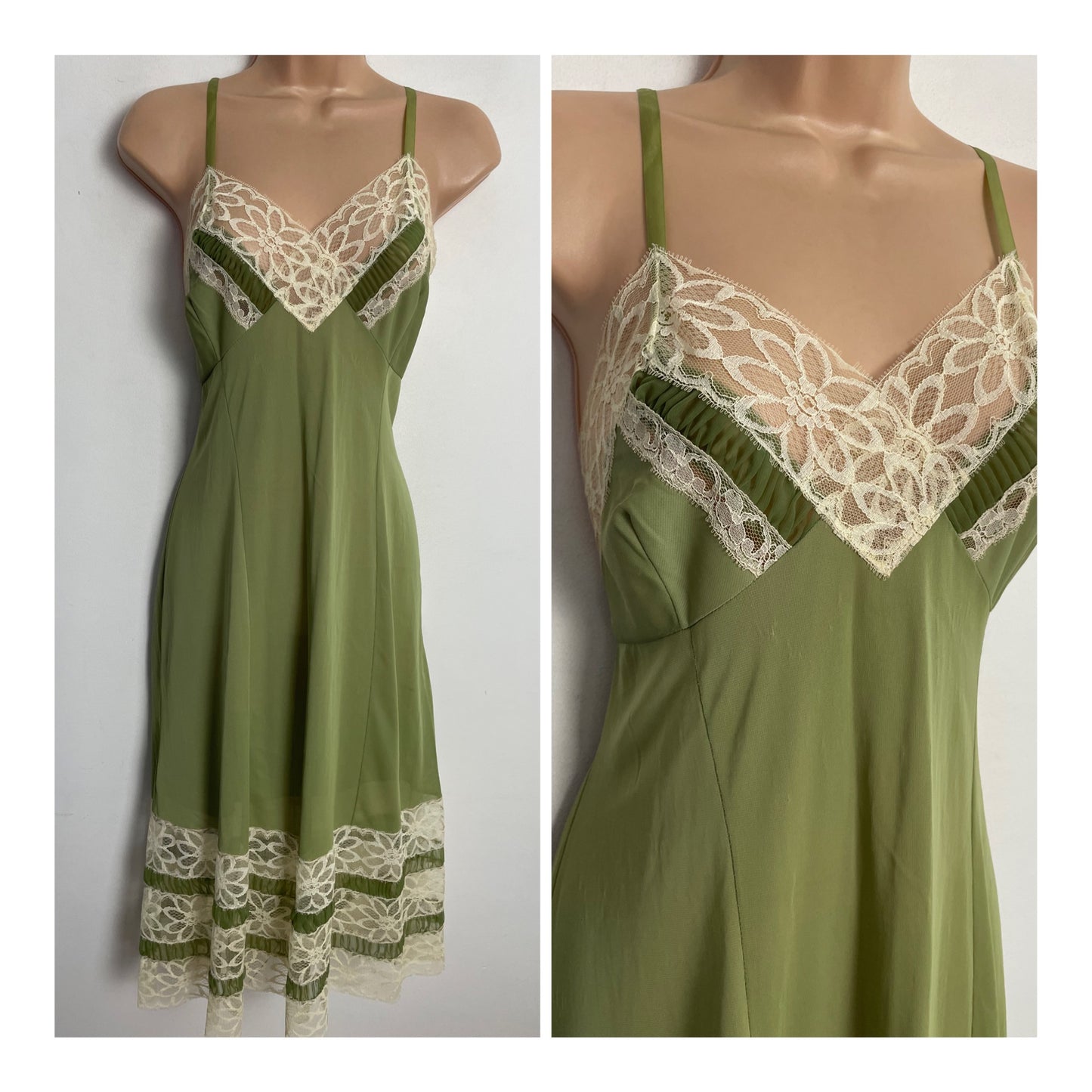 Vintage 1970s UK Size 16 Moss Green & Cream Lace Mid Length Chemise Negligee Slip