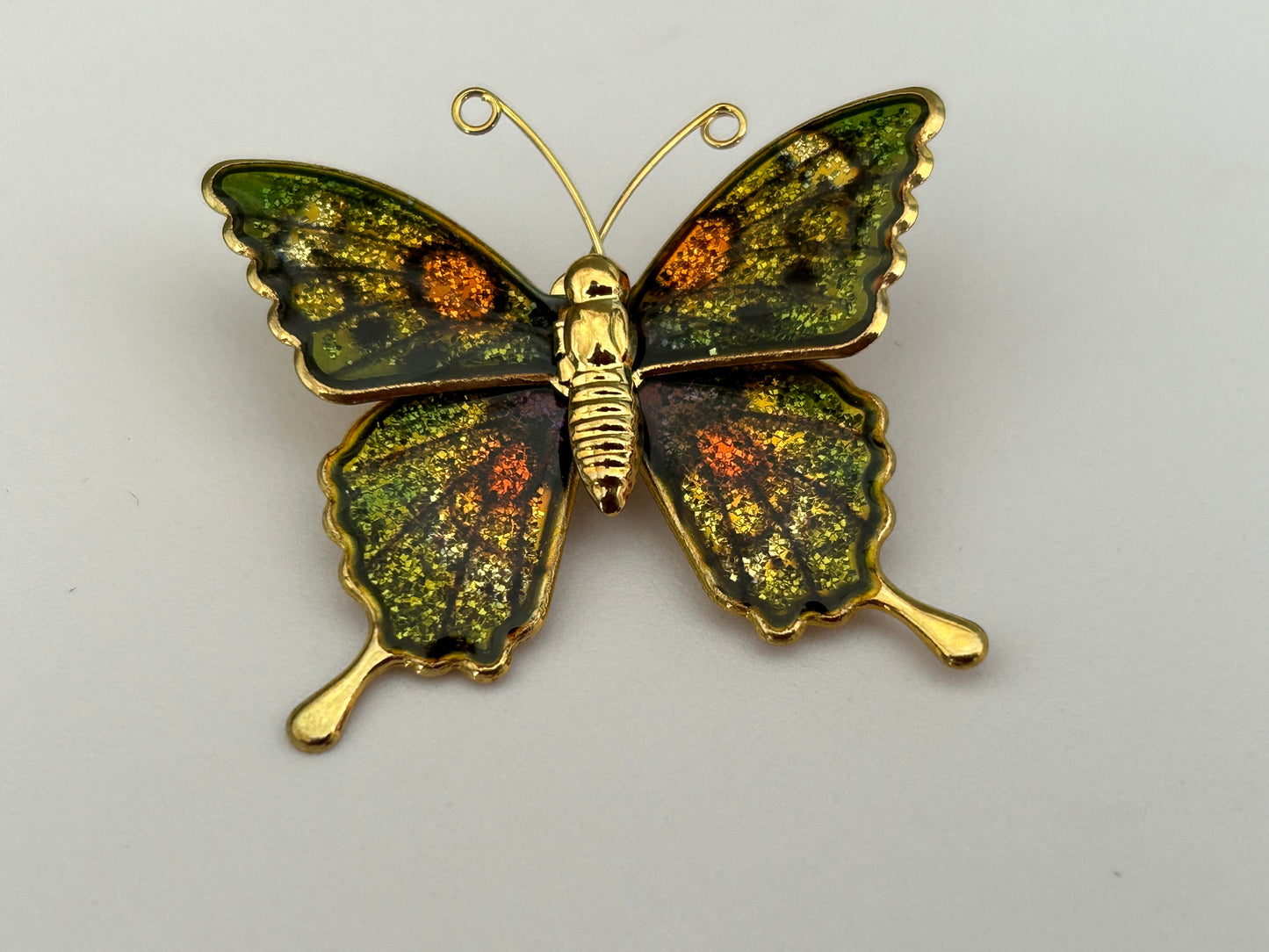 Vintage 1970s Beautiful Gold Tone Green & Orange Enamelled Butterfly Pin Brooch